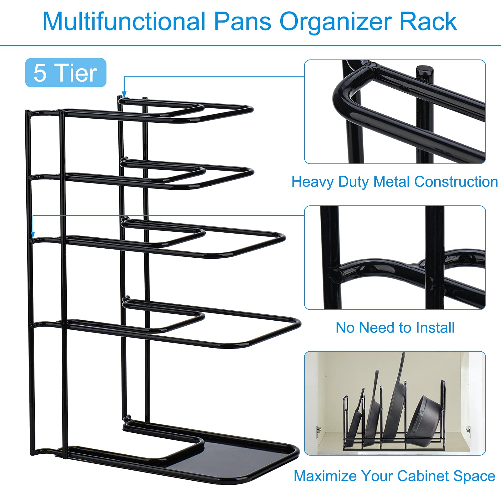 Toplife 5-Tier Heavy Duty Pan Organizer Rack - Sturdy Alloy Steel, 10.5" x 7.5" x 15.6", Black - No Assembly Required