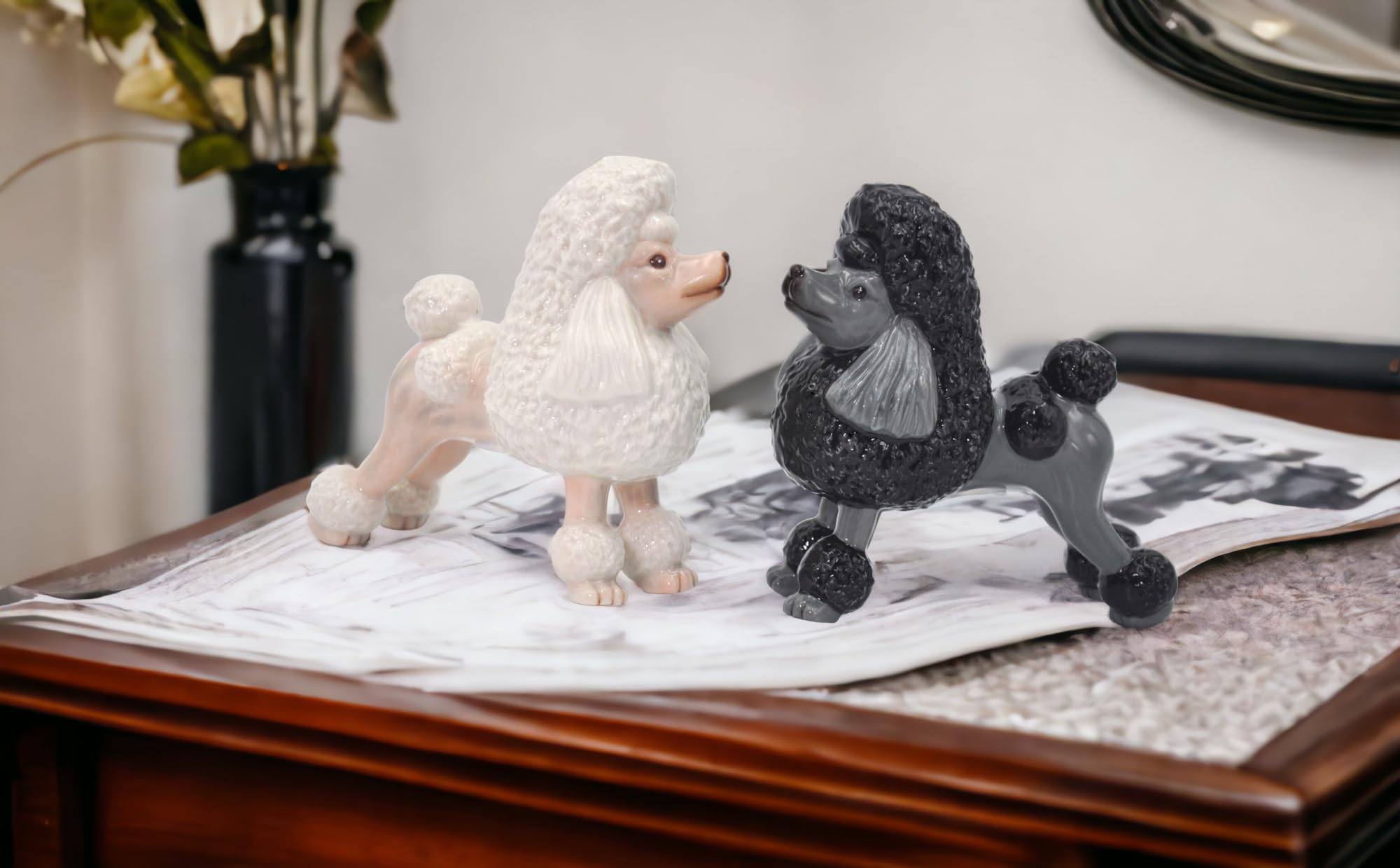Fine Porcelain Black And White Poodle Dogs Salt & Pepper Shakers Set, 3-7/8'' H