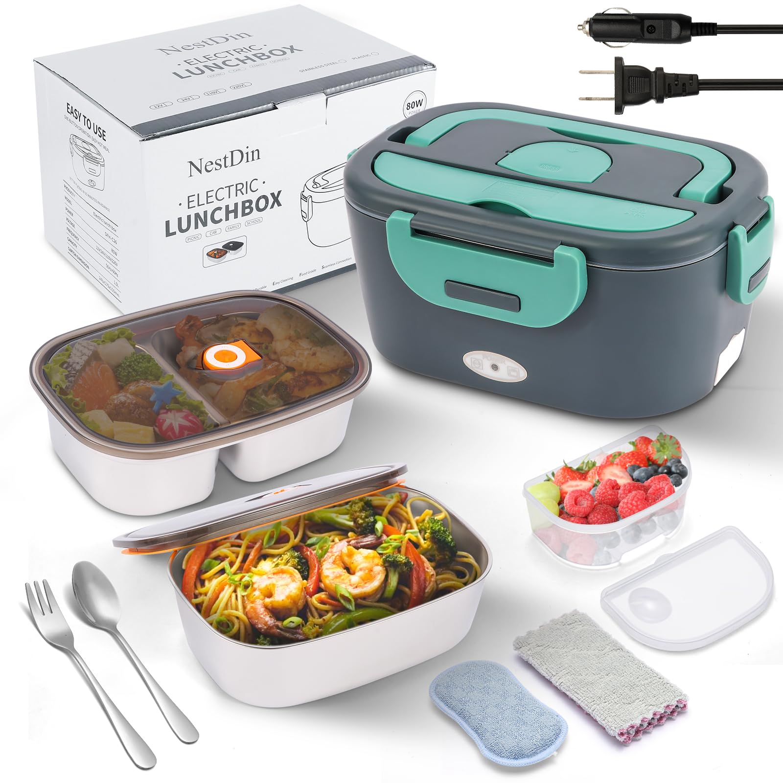 Electric Lunch Box Food Heater for Adults, 80W Fast Heated Lunchbox for Men with Dual Containers and Lids, 1.5L Portable Food Wa