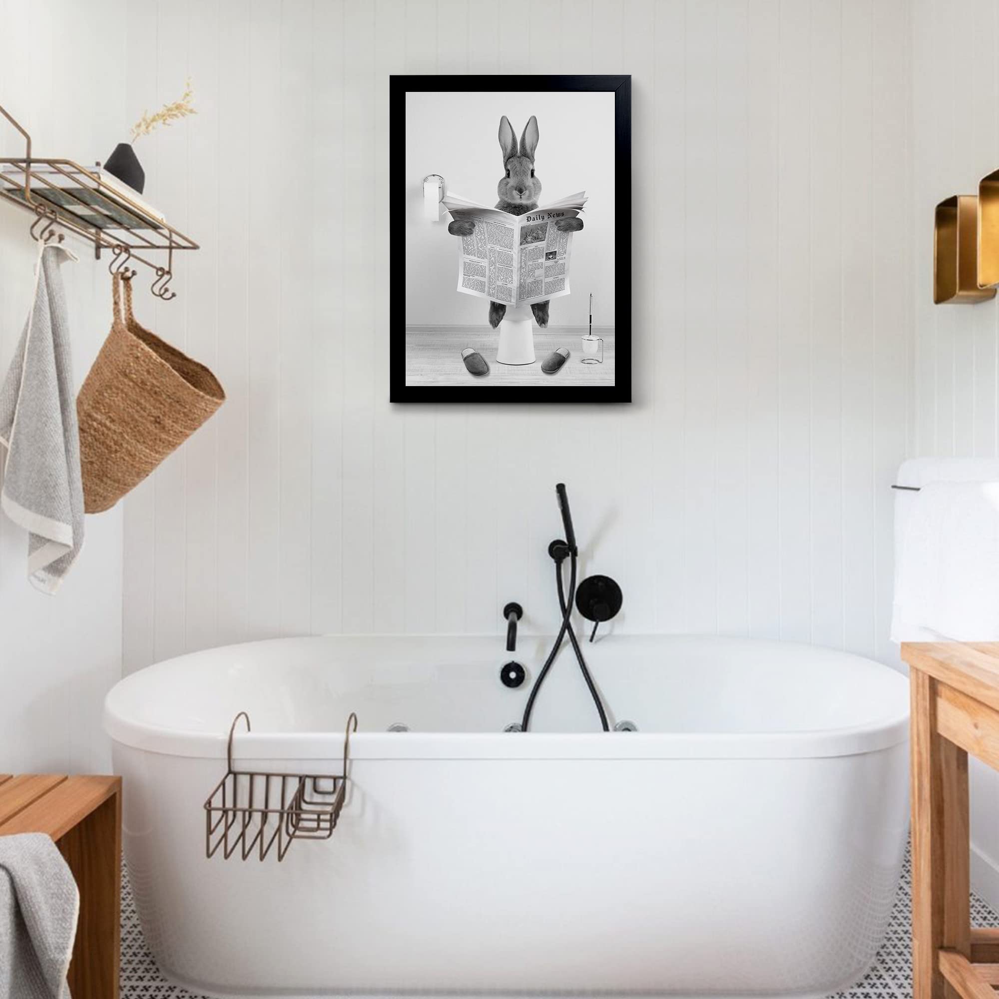 Yongart Black Framed Poster, Cute Rabbit Bathroom Wall Art, Farmhouse Style Animals Bathroom Wall Decor, Black And White Canvas