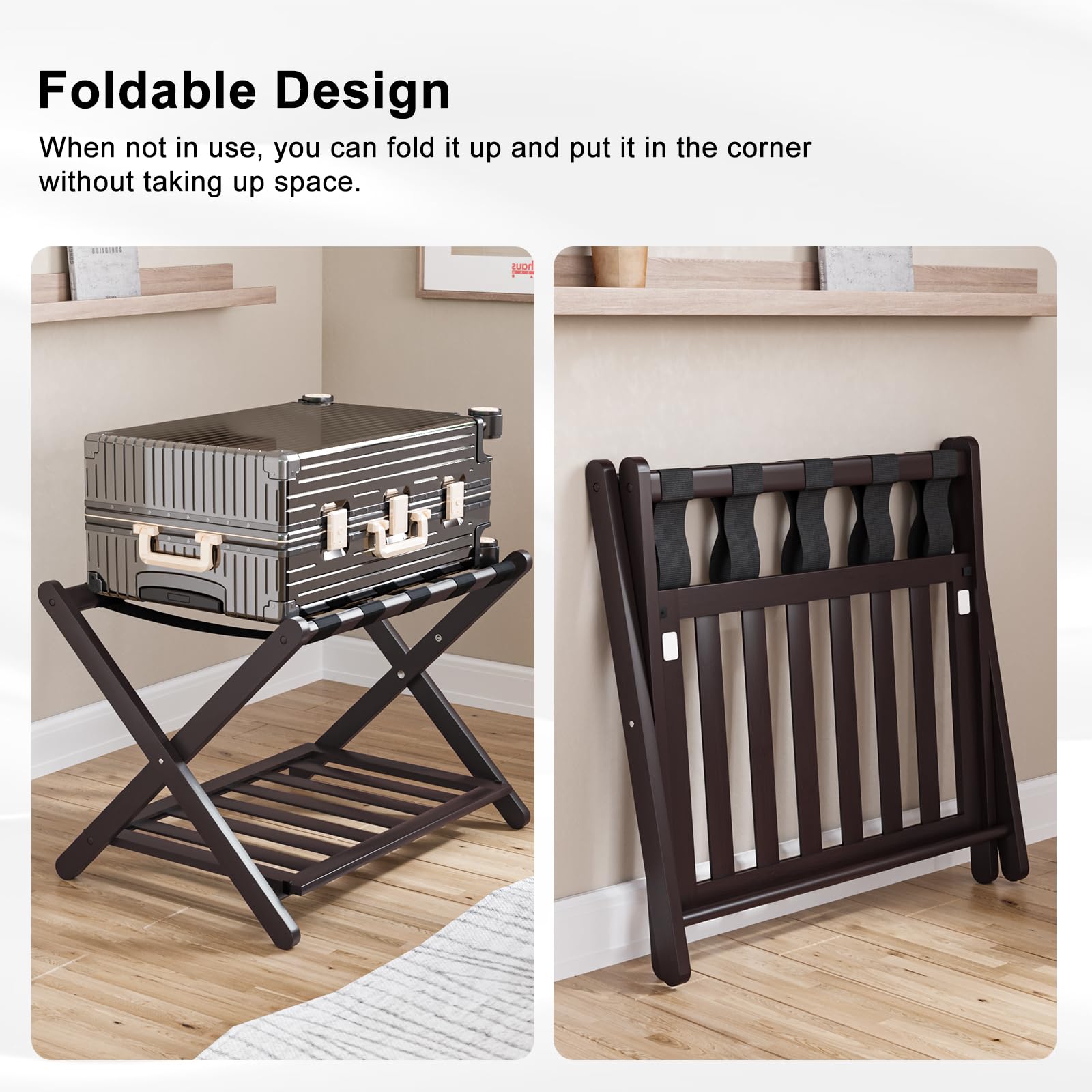 Smuxee Fully Assembled Brown Luggage Rack, Upgraded Bamboo Foldable Suitcase Stand With 5 Nylon Straps, Luggage Holder With Shel