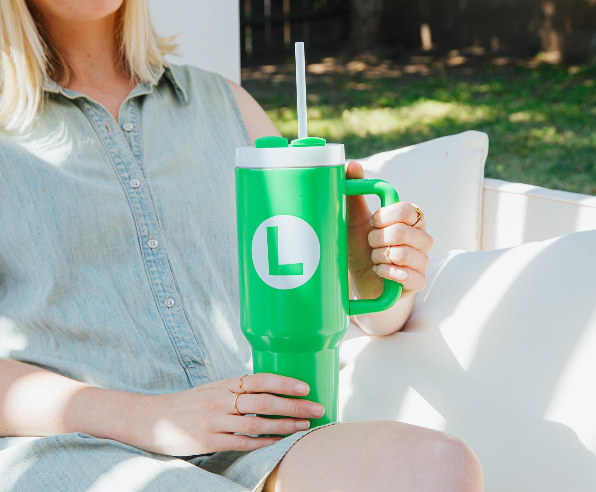 Pyramid America Super Mario Bros. Luigi Icon Metal Travel Tumbler With Leak-Resistant Lid And Reusable Straw | Holds 40 Ounces
