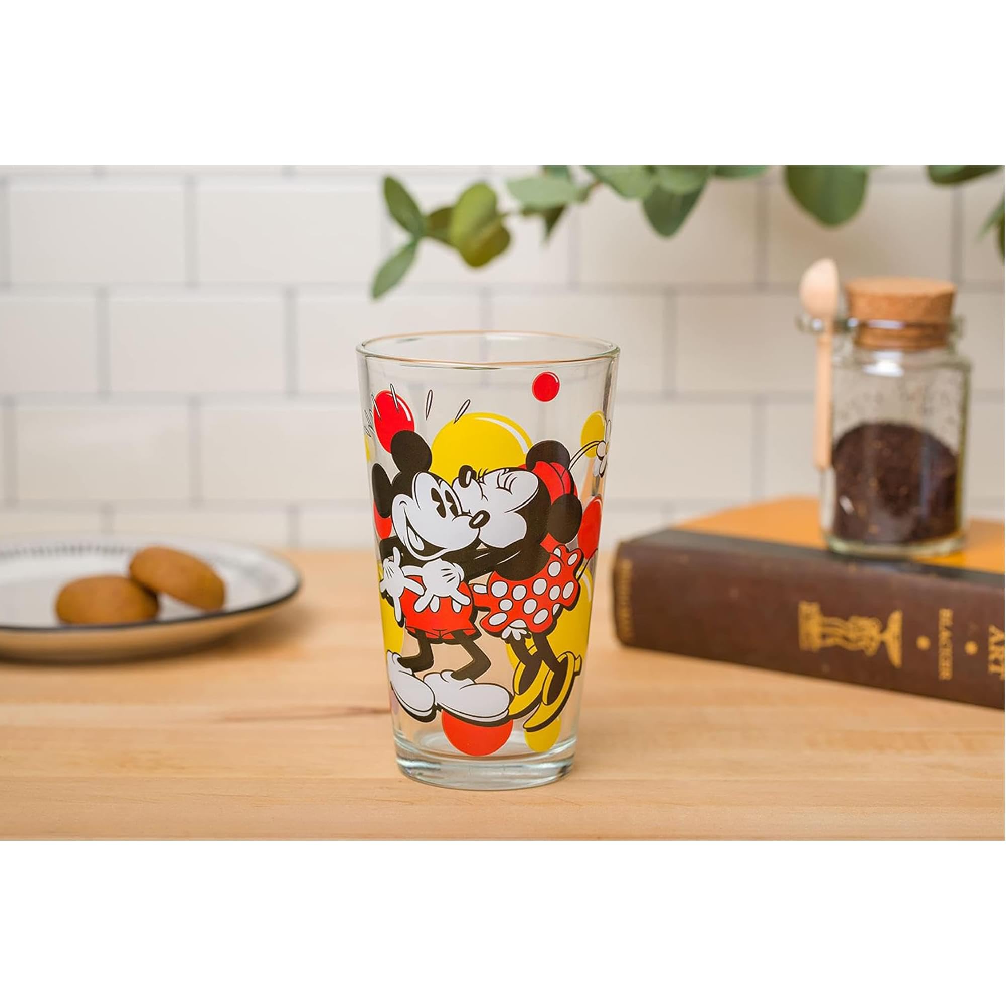Silver Buffalo Disney Classic Mickey and Minnie Mouse Kiss Dots Pint Glass  16 Ounces