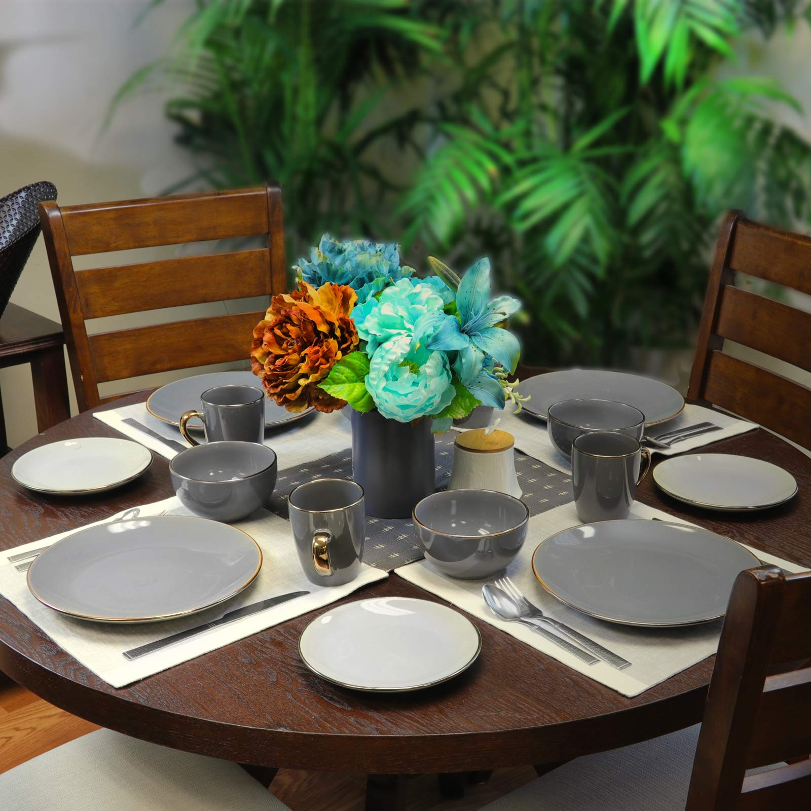 Elama Round Stoneware Grand Collection Dinnerware Dish Set, 16 Piece, Assorted Solid Gray