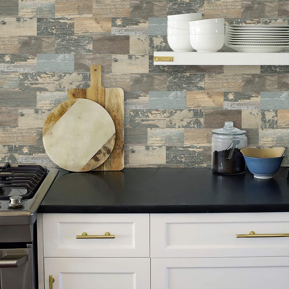 DEWOO 20-Sheet DEWOO Peel and Stick Self Adhesive Wall Tiles Kitchen Backsplash Distressed Wood Look,Vintage Old Fashion (13.5 x