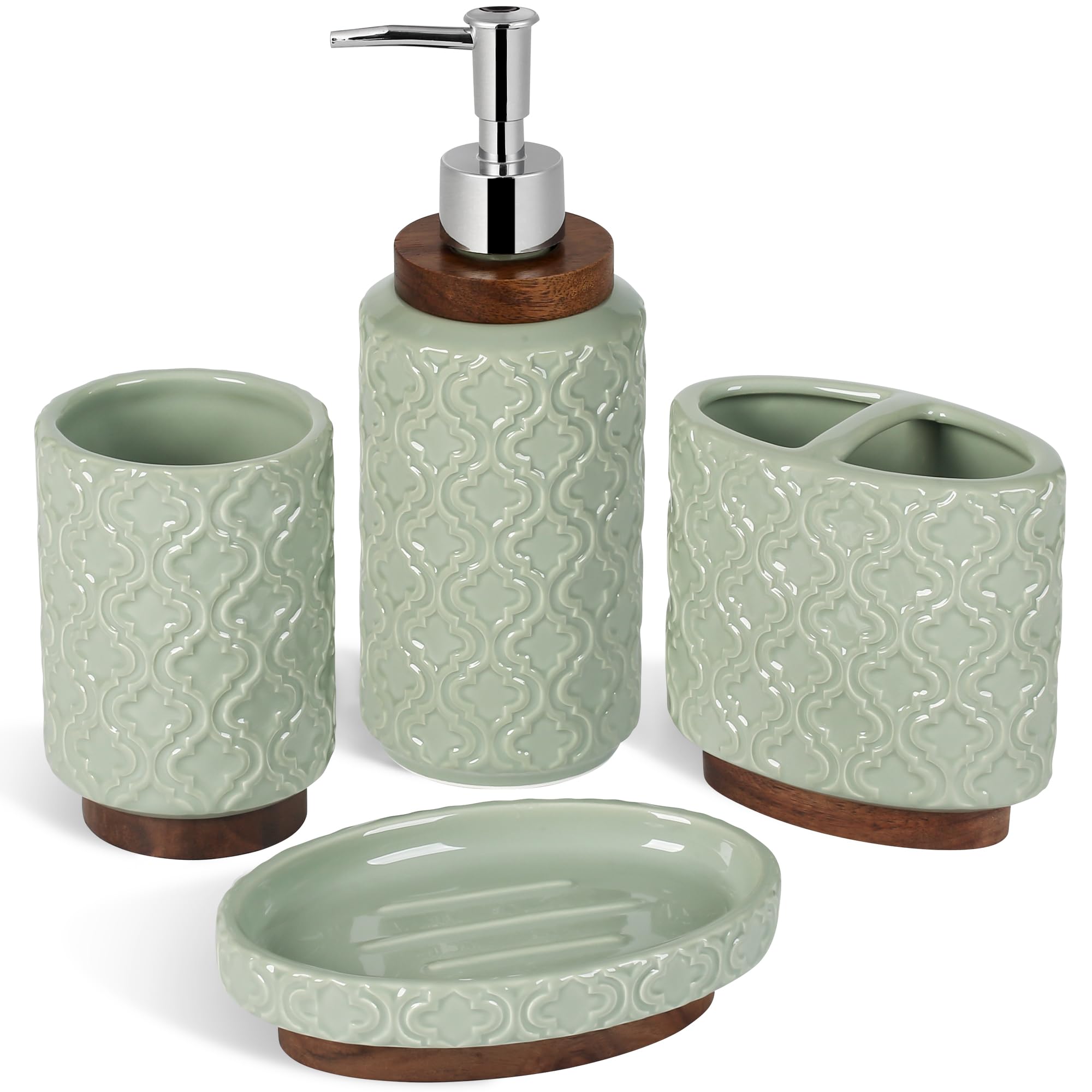 Rqyixi Bathroom Accessories Set 4 Pieces Toothbrush Holder Soap Dispenser Ceramic Green Bathroom Accessory Set Contain Toothbrus