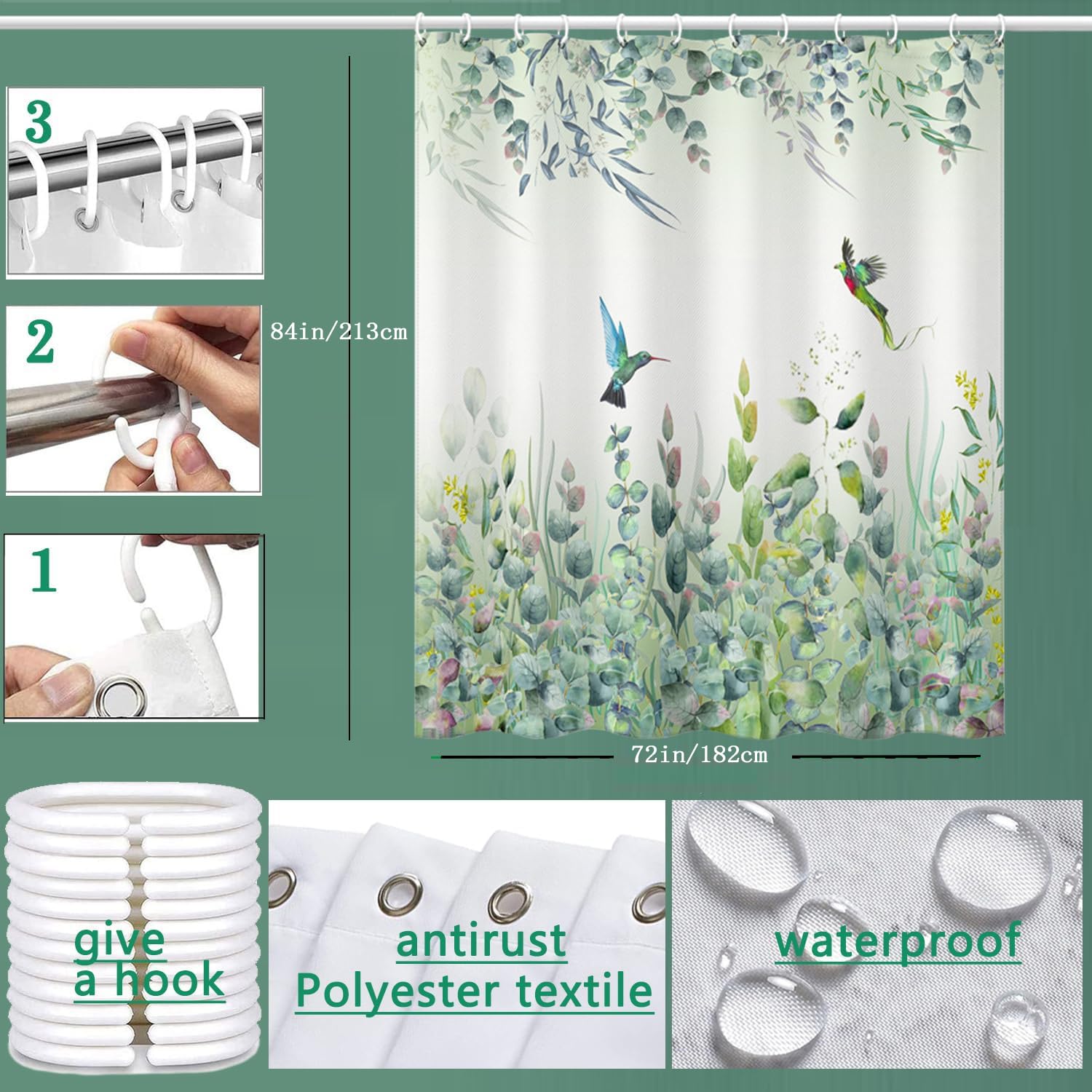 Niidder Green Leaf Shower Curtain, Emerald Bird Mint Green Shower Curtain -72 ''W X 84'' L With 12 Hooks, Weighted Hem Shower Cu