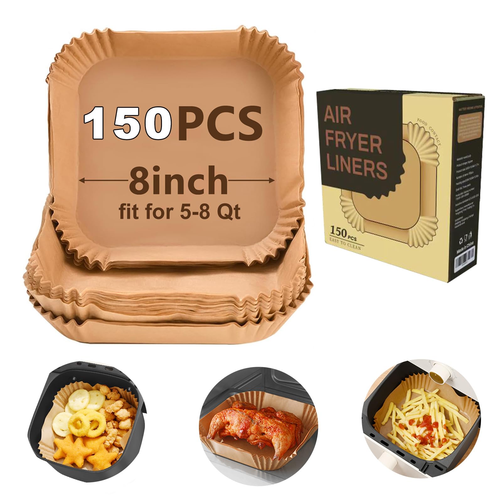 Umetre Air Fryer Paper Liners, 150Pcs Disposable Airfryer Liners Parchment Papers, Square 8Inch Non-Stick Sheets, Air Fryer Line