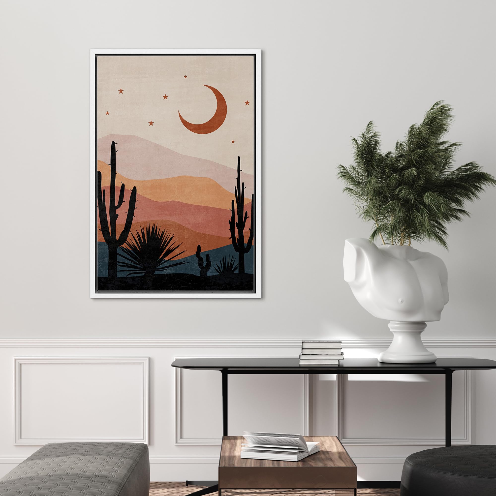 Signford Framed Canvas Print Wall Art Desert Night Sky With Crescent Moon And Stars Nature Wilderness Illustrations Modern Art D