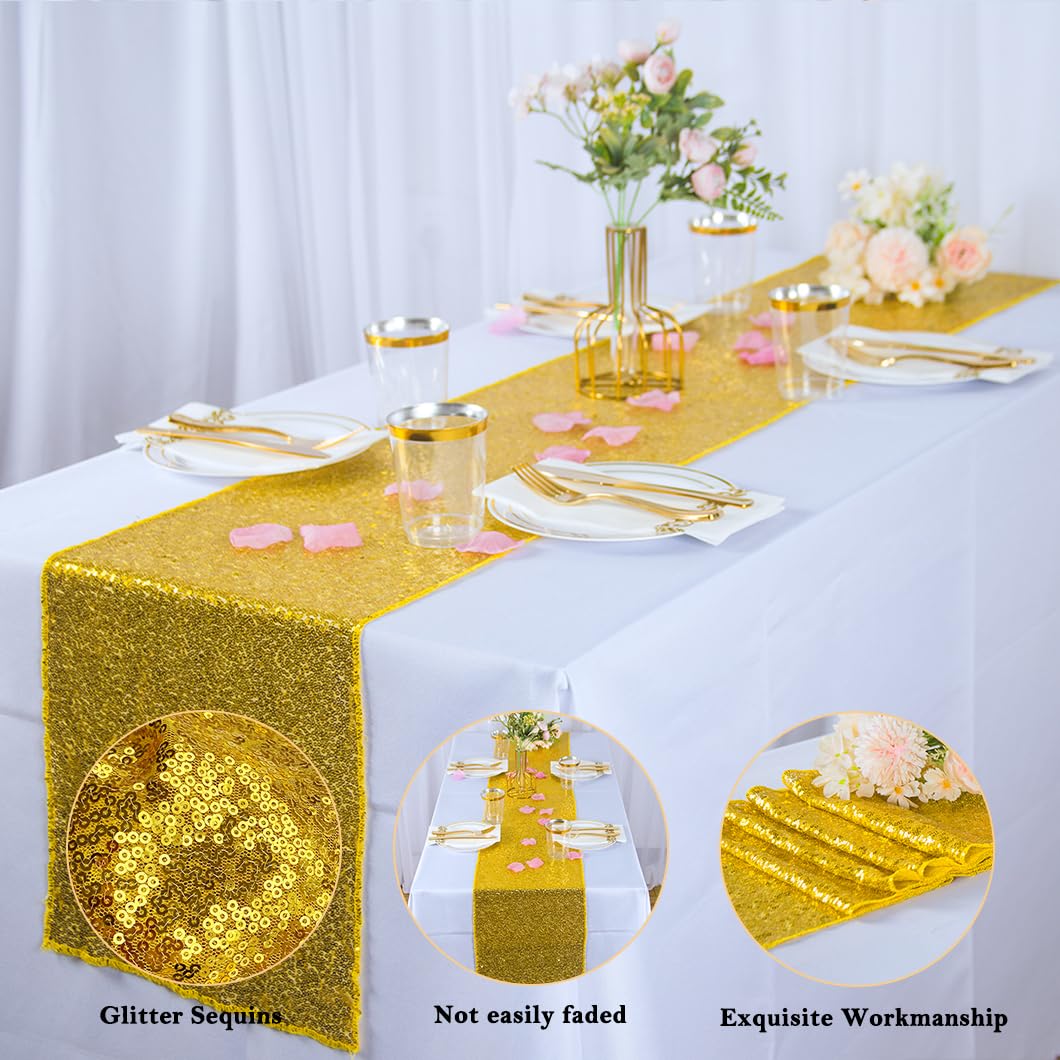 Gold Sequin Table Runners 12X108 Inches Set Of 2 Gold Glitter Table Runner For Birthday Dessert Tables Dinning Table Runners 108