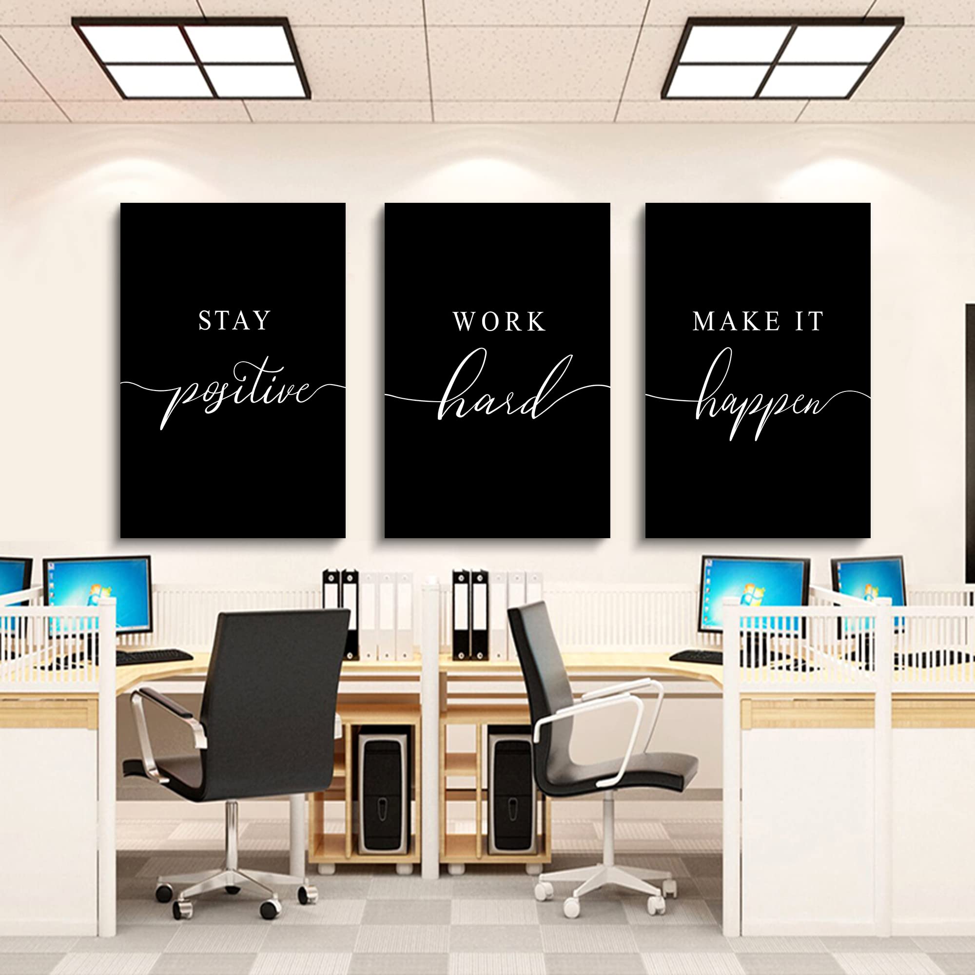 Work Hard Prints,Framed Canvas Wall Art Success Quote, Office Wall Art, Black Large Poster, Positive Motivational Set Of 3 Print
