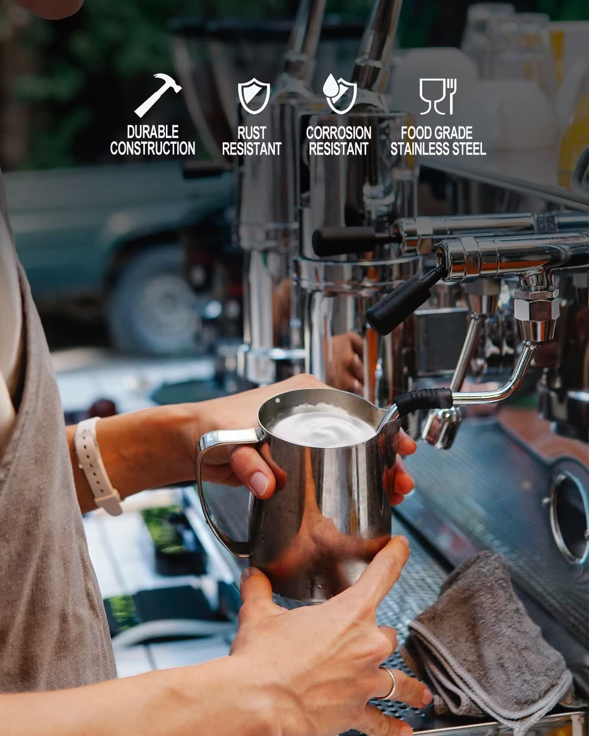 12 Ounces Stainless Steel Milk Frothing Pitcher, Measurements On Both Sides, Espresso Machine Accessories, Latte Art Cup With In