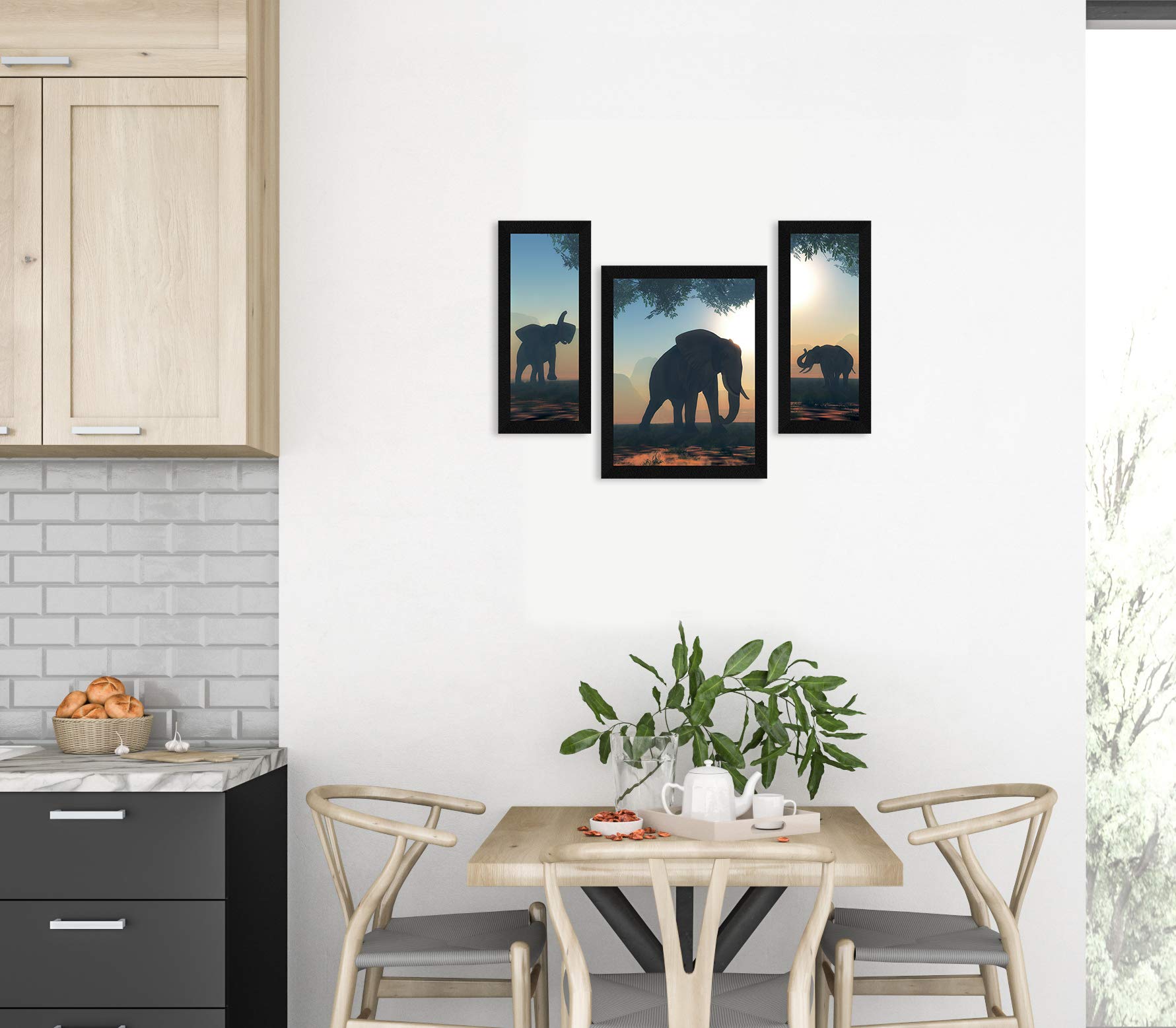 Artx Elephant Family Wildlife Framed Painting (Synthetic Wood, 13.5 Inch X 22.5 Inch, Multicolour)