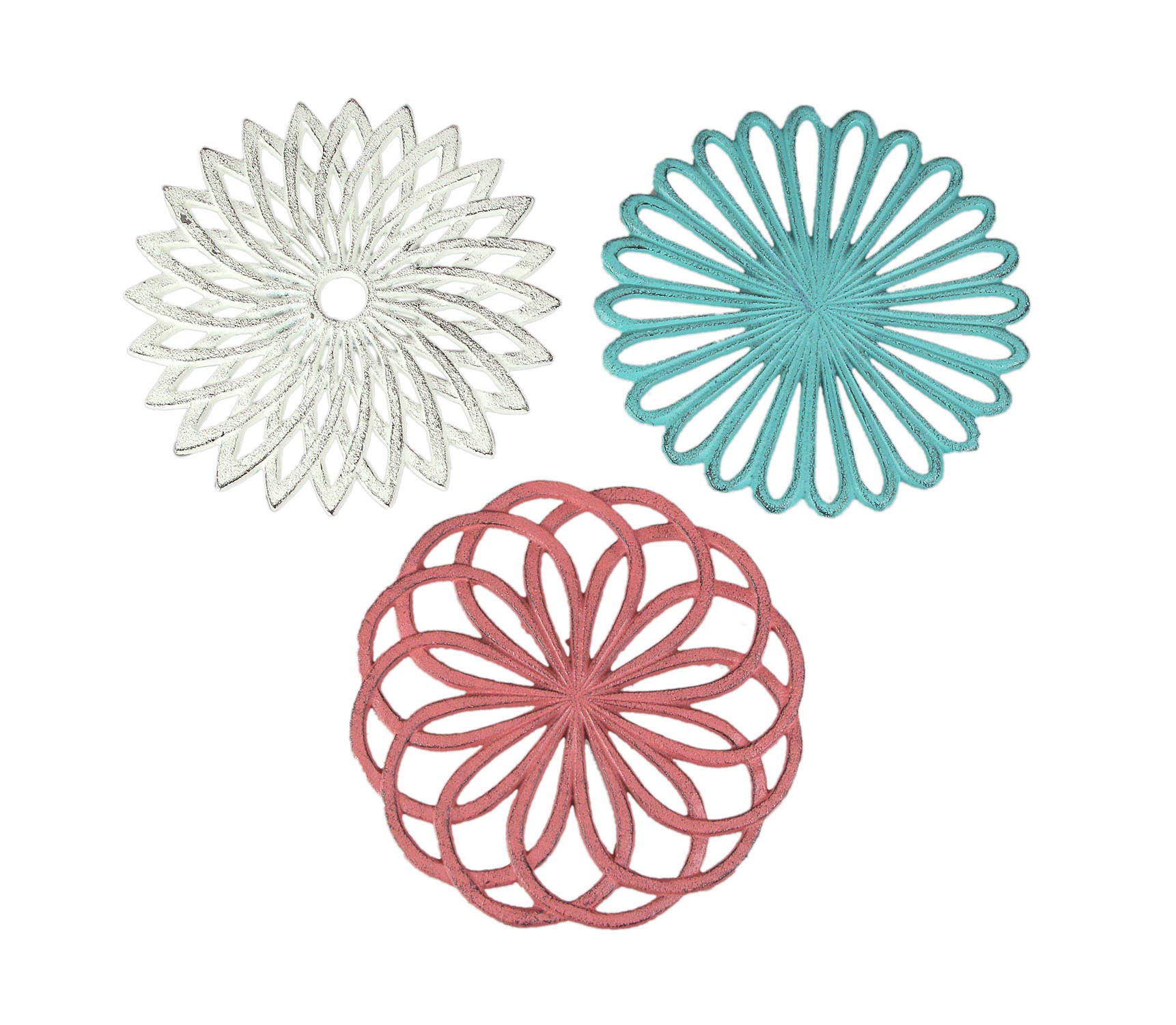 Set Of 3 Cast Iron Floral Bloom Trivets - Rustic Kitchen Decor With Bright Colors And Geometric Patterns - Decorative Accessorie