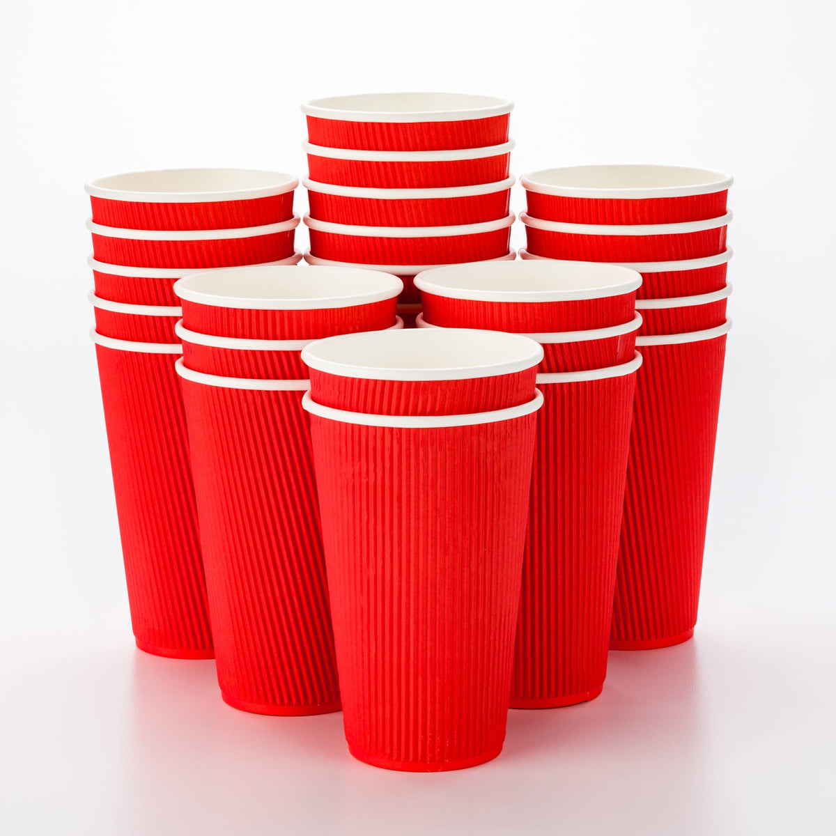 16 Ounce Paper Coffee Cups, 25 Ripple Disposable Paper Cups - Leakproof, Recyclable, Red Paper Hot Cups, Insulated, Matching Lid