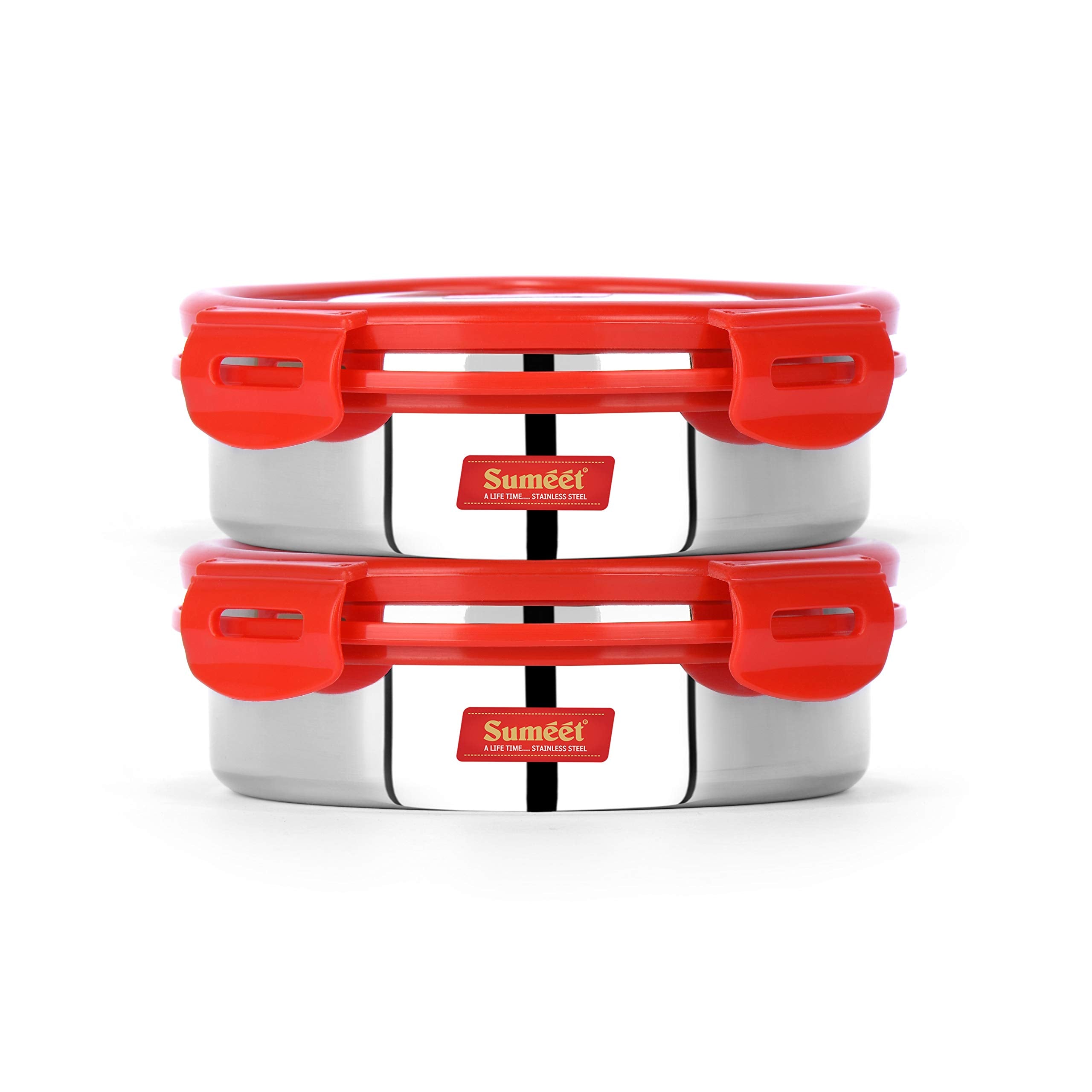Sumeet Airtight & Leak Proof Steelexo S. S. Containers Lunch Box With Stainless Steel Lid - Size 600Ml Set Of 2Pc -Red