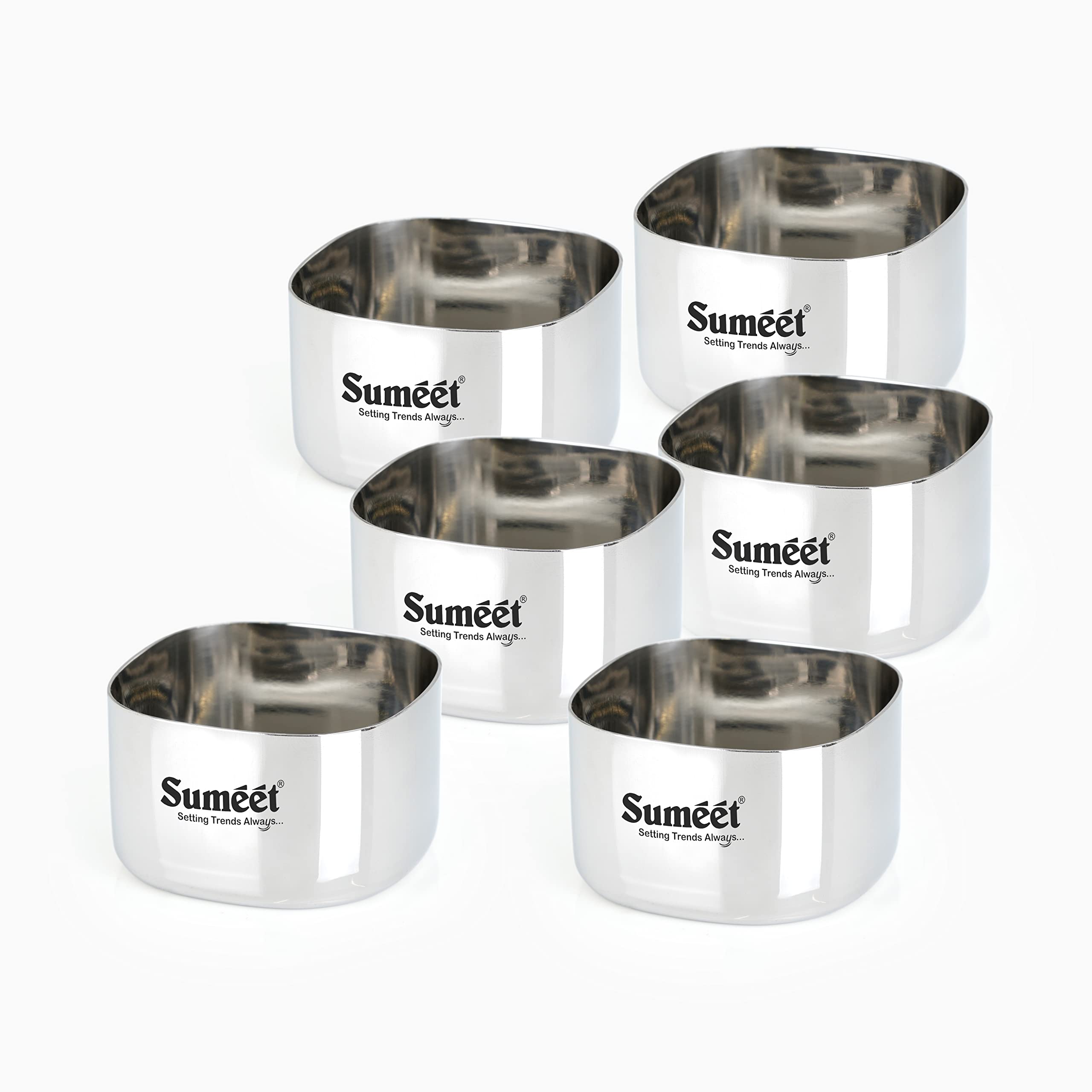 Sumeet Heavy Gauge Stainless Steel Square Bowl Wati Katori with Mirror Finish - 6.5cm Dia  Set of 6pc  150ML Each - Silver
