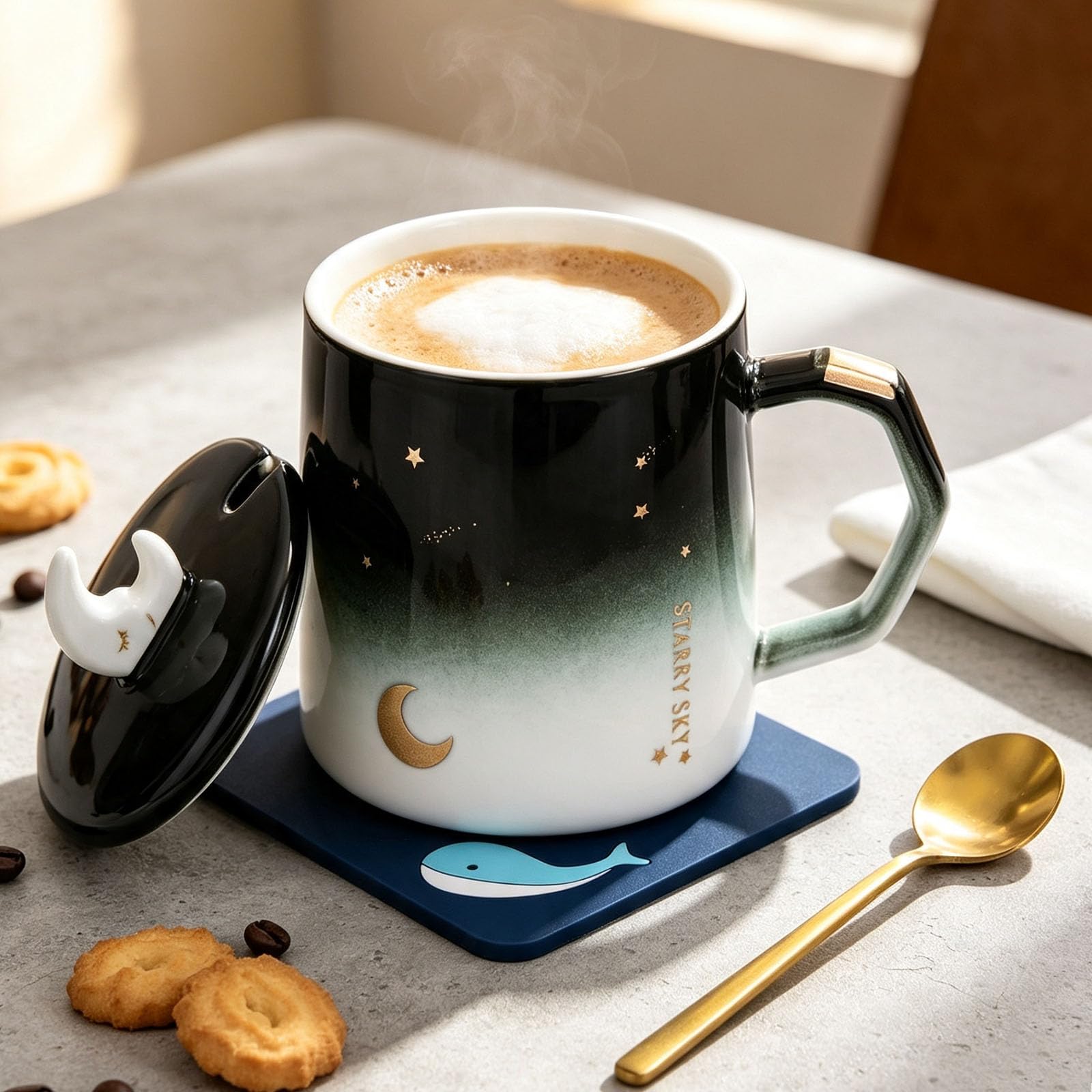 Busnos 14 oz Ceramic Coffee Mug with Lid Handcrafted Unique Moon Tea Mug with Spoon and Coaster Coffee Mugs for Men and Women La