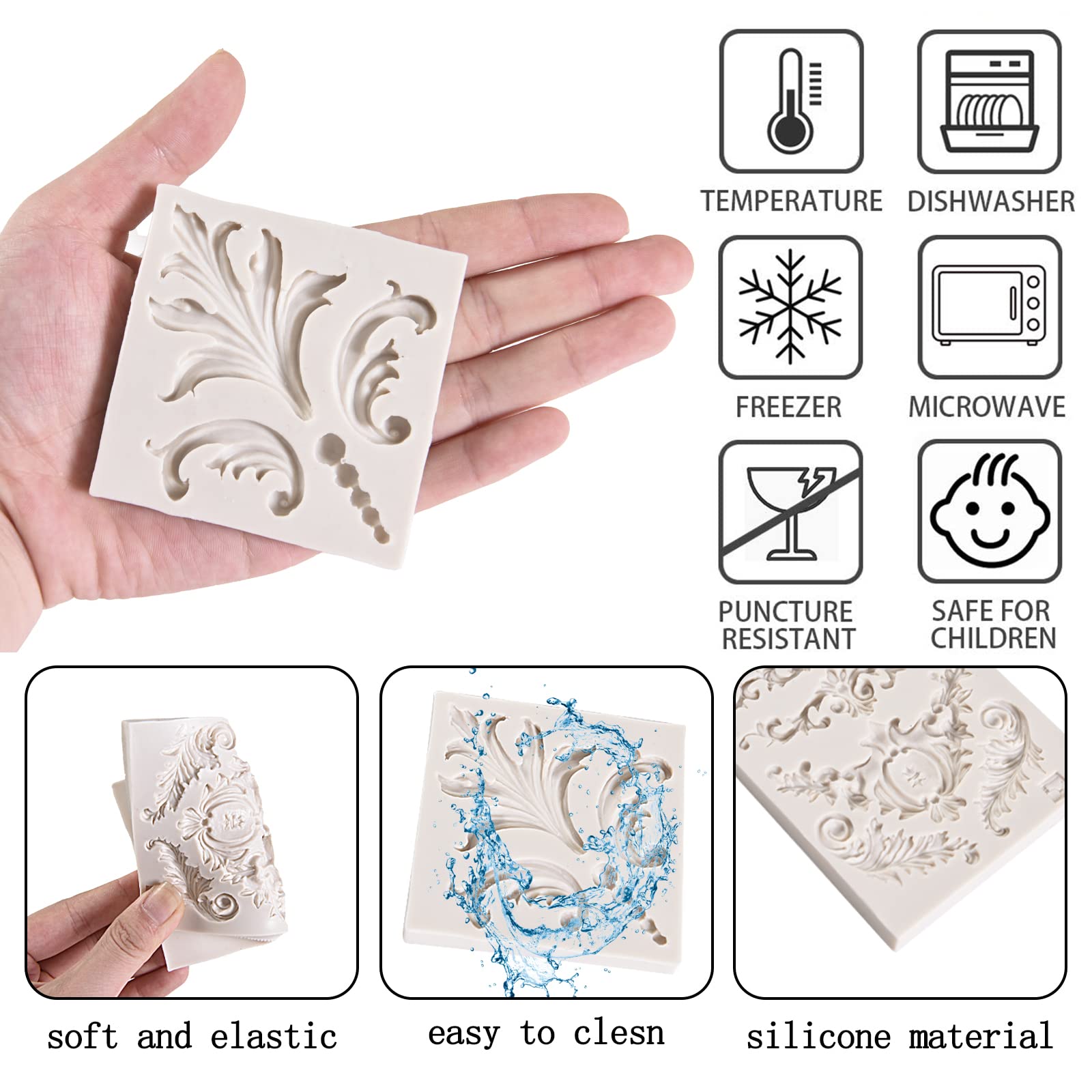 Baroque Feather Relief Candy Chocolate Silicone Molds (5 Pcs) European Embossed Pattern Petal Fern Leaf Fondant Molds For Making