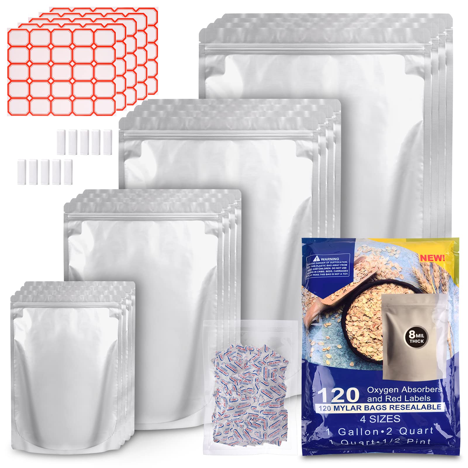 120 Mylar Bags For Food Storage With Oxygen Absorbers 300Cc, 8 Mil 1Gallon 10''X14'', 7.5''X11.5'', 6''X9'', 4.3''X6.3'' Stand-U