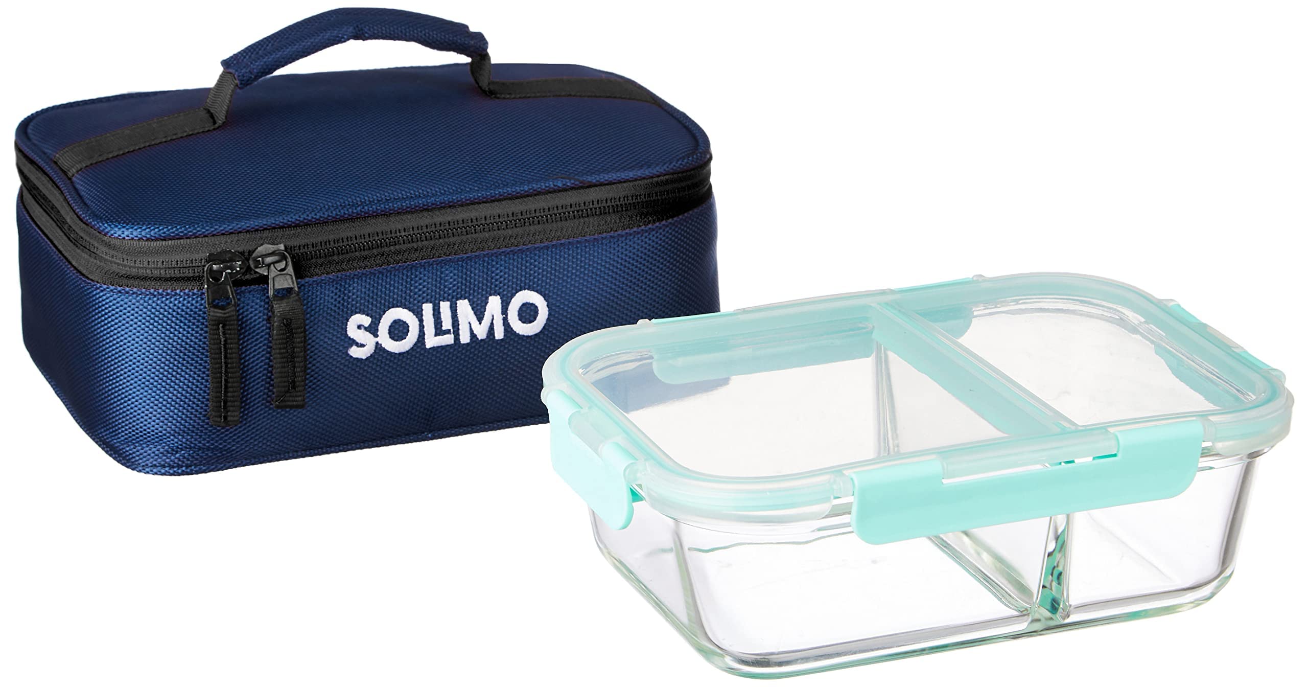 Amazon Brand - Solimo Microwave Safe Two Compartment Lunch Box Set For Office With Bag | Borosilicate Glass | Safety Lock Airtig