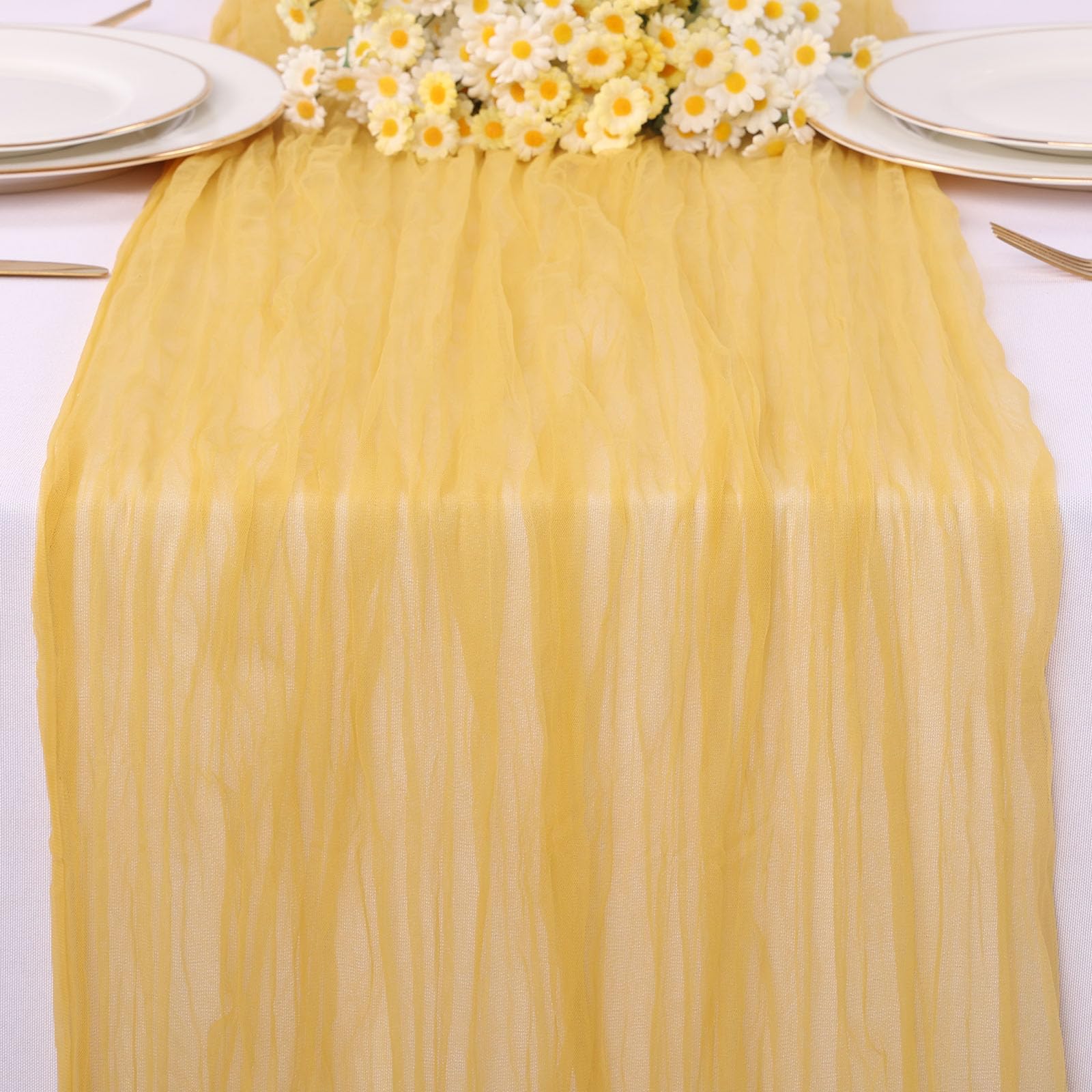 TuTive Yellow Gauze Table Runner 10ft Rustic Cheese Cloth Table Runner Boho Style Decoration for Romantic Date Wedding Party Bab