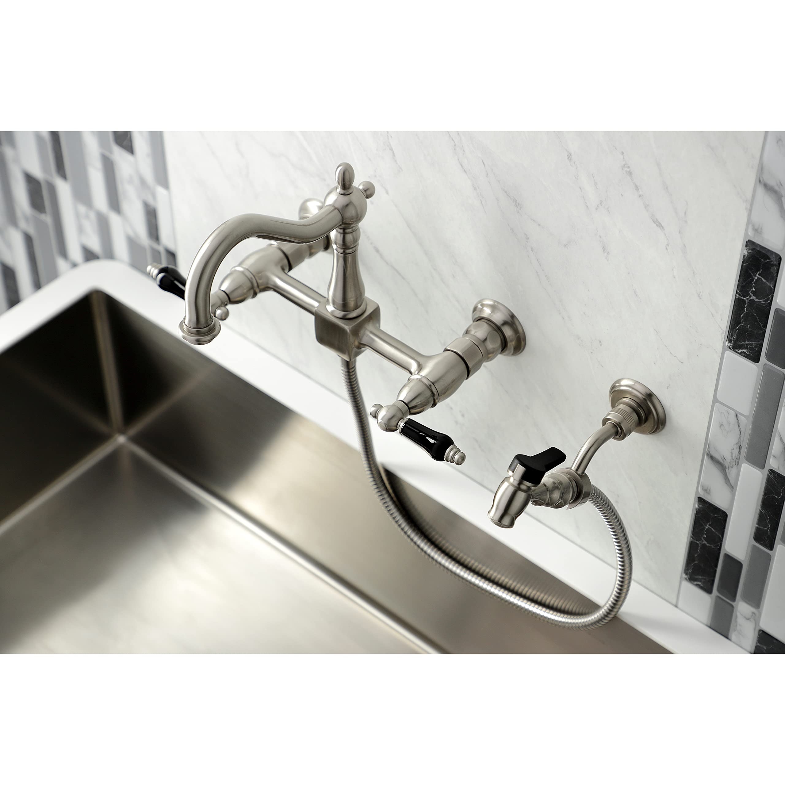 Kingston Brass KS1268PKLBS Duchess Wall Mount Bridge Kitchen Faucet with Brass Sprayer  Brushed Nickel