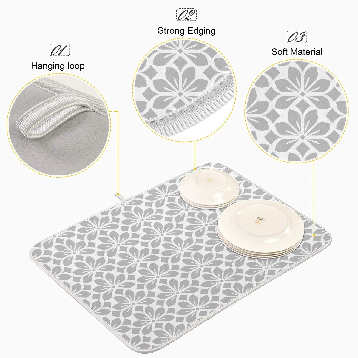 Grey And White Flowers Leaves Dish Drying Mat 16X18 For Kitchen Geometric Leaf Floral Pattern Gray Dishes Pad Dish Drainer Rack