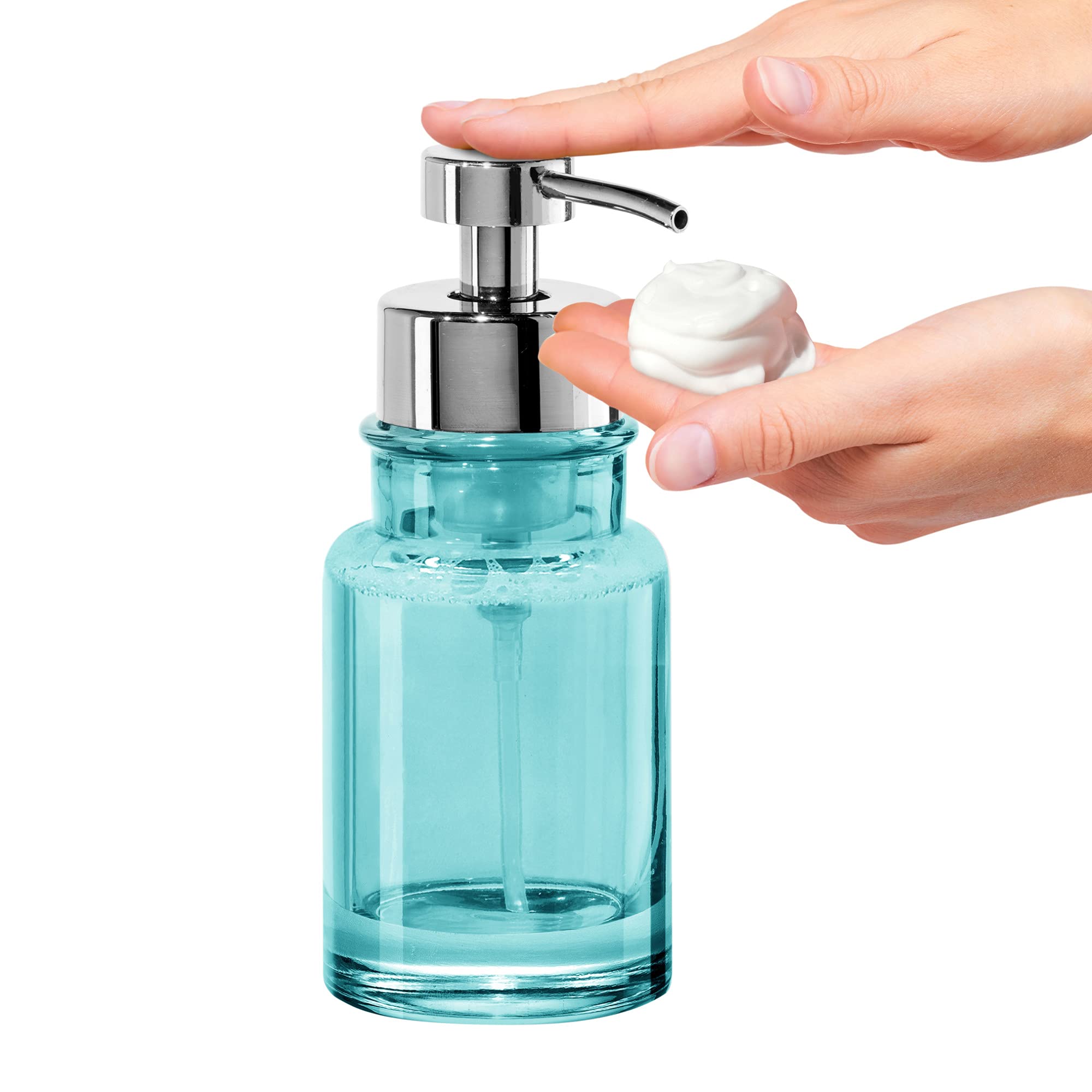 Oggi Glass Foaming Soap Dispenser, 10oz, Round Heavy Glass, Aqua/Chrome, Stylish Refillable for Bathroom and Kitchen, Model 5715.6