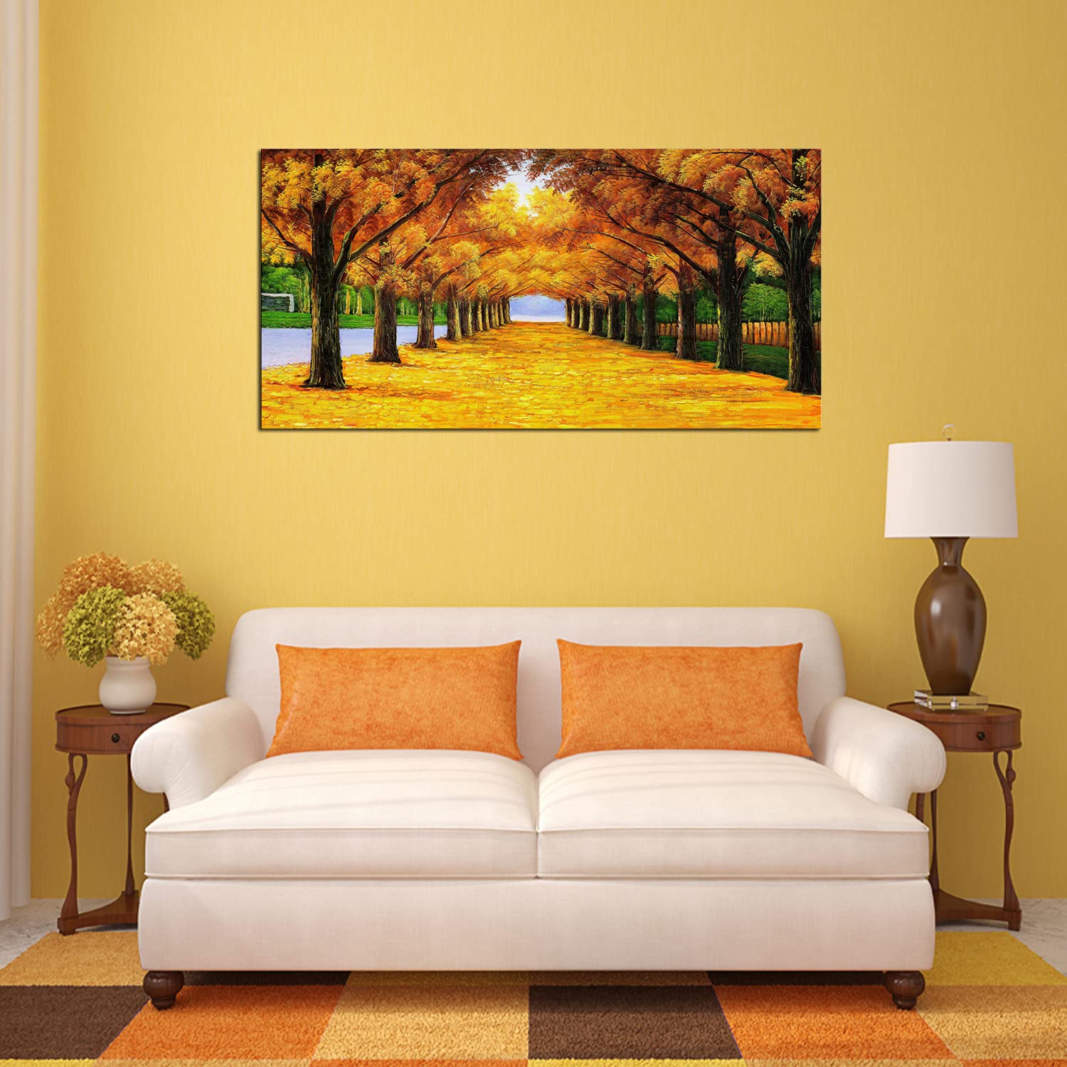Xxmwallart Fc2150 Wall Art Golden Autumn Scene Canvas Prints Painting Gold Tree Paintings Pictures Framed For Living Room Bedroo