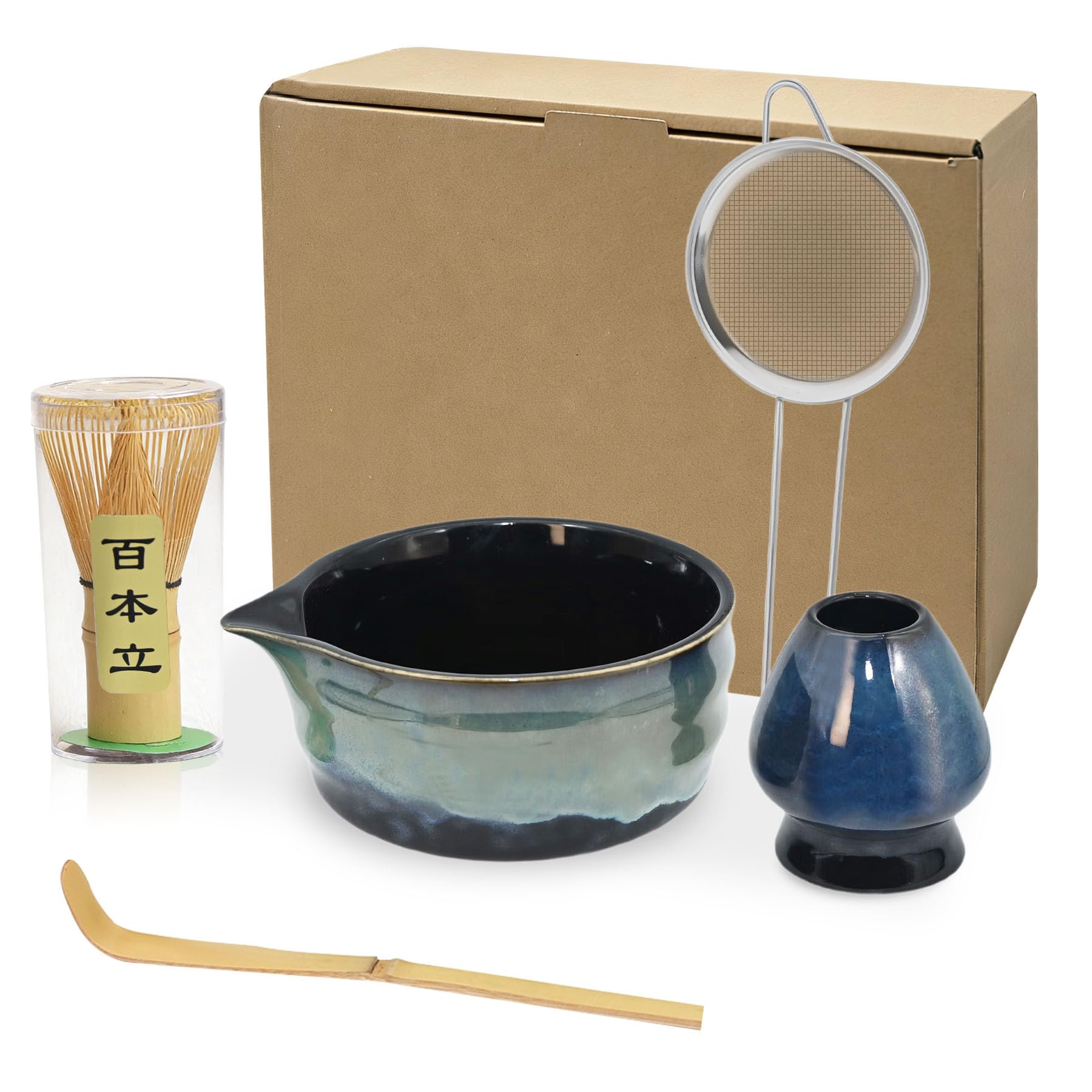 ZaH Matcha Whisk Set - Kit of 5pcs - Matcha Whisk and Bowl, Ceramics Whisk Holder, Bamboo Tea Scoop, Sifter (Glaze Navy)