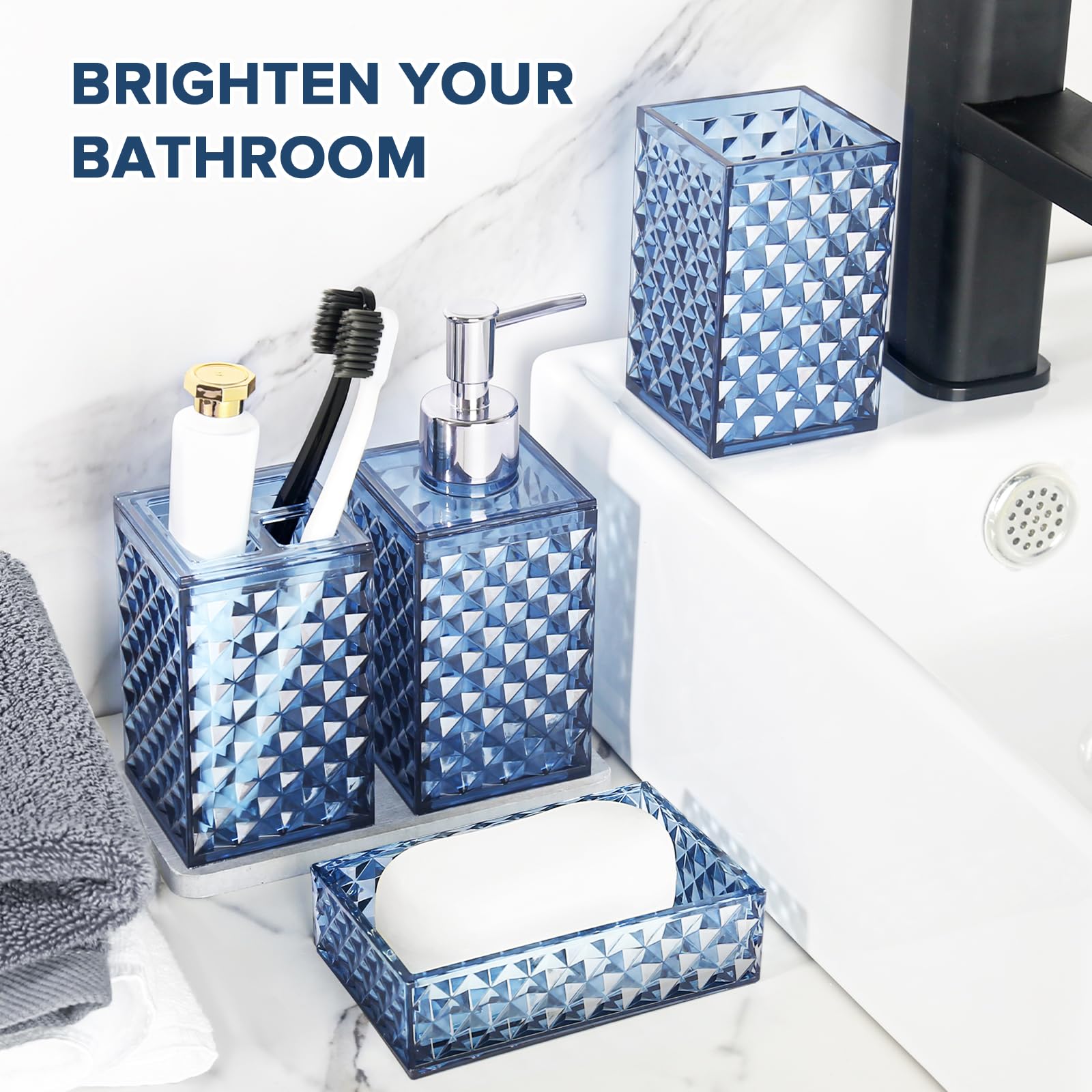 Rytoxilo Bathroom Accessories Set, 4 Pack Blue Acrylic Bath Accessory Sets Complete, Diamond Soap Dispenser And Toothbrush Holde