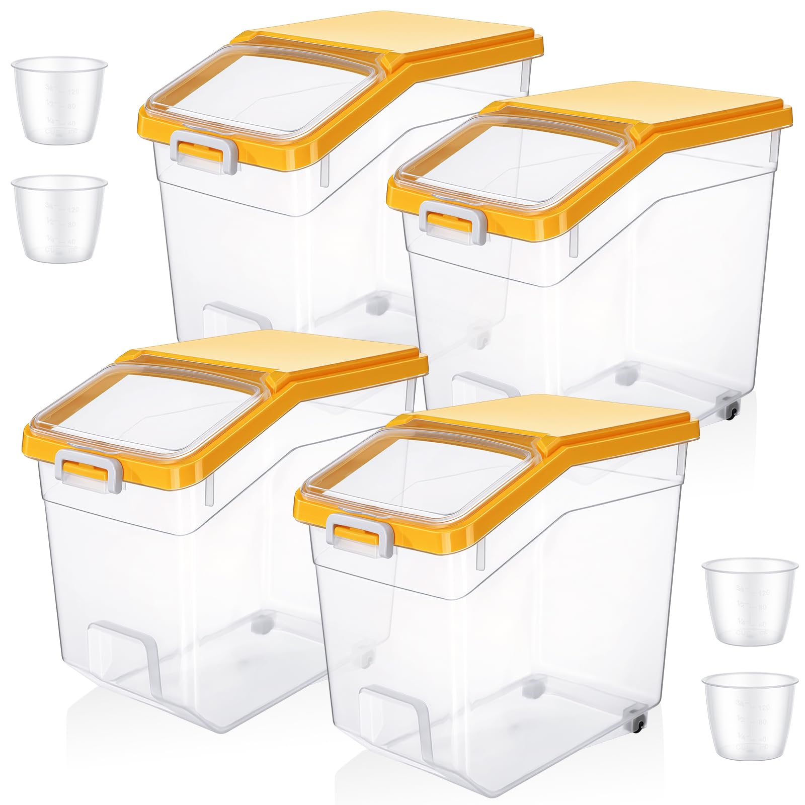 Sunnyray 4 Pcs Rice Storage Container 38 lb Flour Container with Wheels Measuring Cup Clear Pet Food Bin Dog Bird Cat Food Bin G