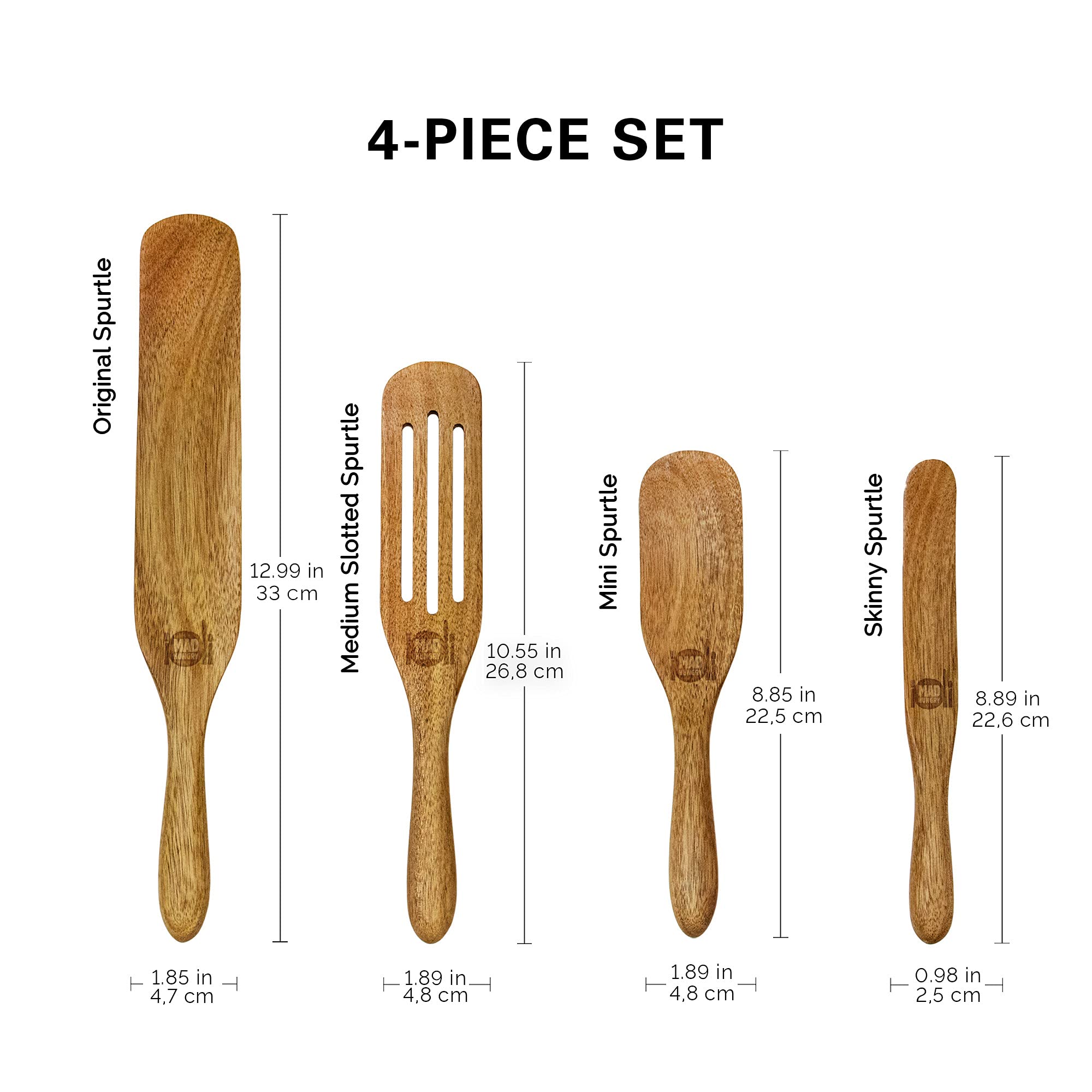 As Seen On Tv, Mad Hungry Spurtle 4Pc Set, Acacia Premium Wood Finish, Cooking Utensils For Non Stick Cookware, Baking, Whisking