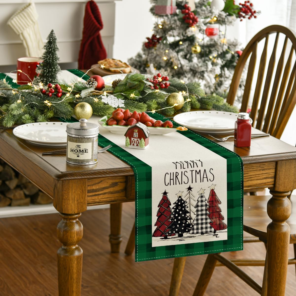 Artoid Mode Watercolor Green And Black Buffalo Plaid Christmas Trees Merry Xmas Table Runner, Seasonal Winter Holiday Kitchen Di