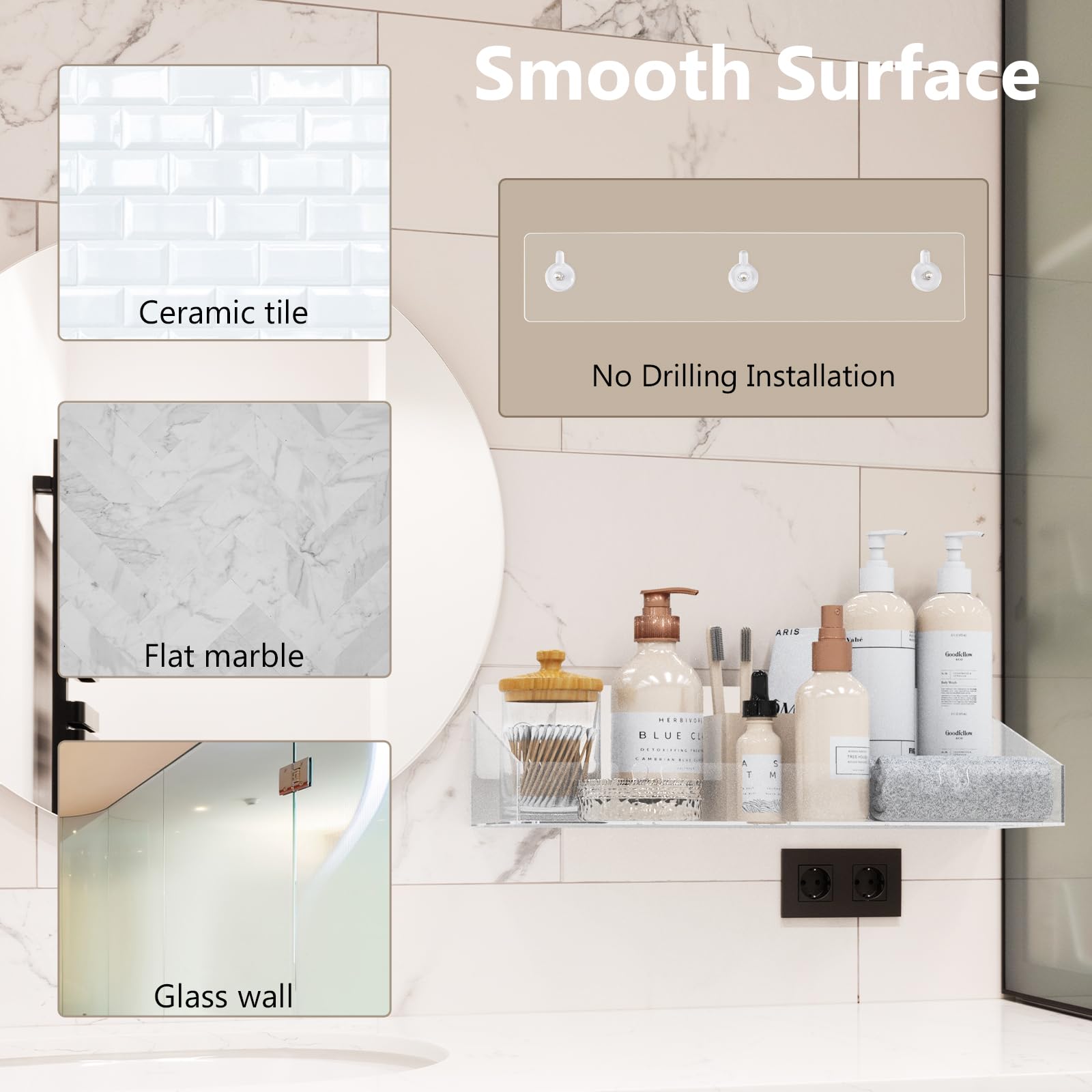 Durmmur Acrylic Shower Caddy With Soap Dish, 3Pack Clear Adhesive Bathroom Shower Shelves Organizer, Transparent Floating Shelf