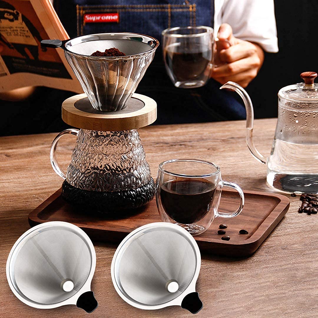 Meichu Pour Over Coffee Filter 2Pcs, Stainless Steel Coffee Filter, Paperless Reusable Cone Coffee Dripper