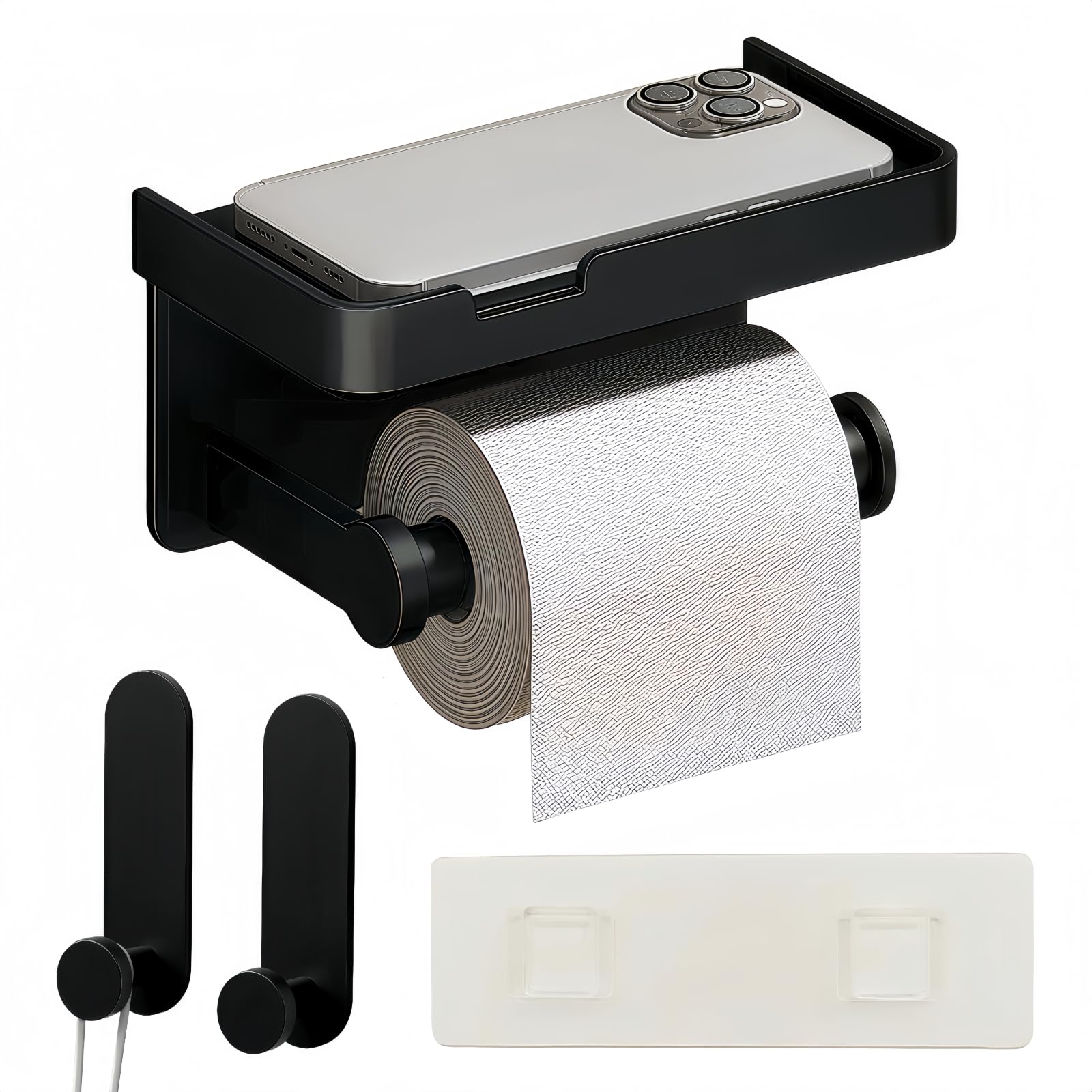 Styptika Adhesive Toilet Paper Holder and 2 Metal Hooks Combo - Rustproof Aluminum with Extra Adhesive Pads for Easy Replacement