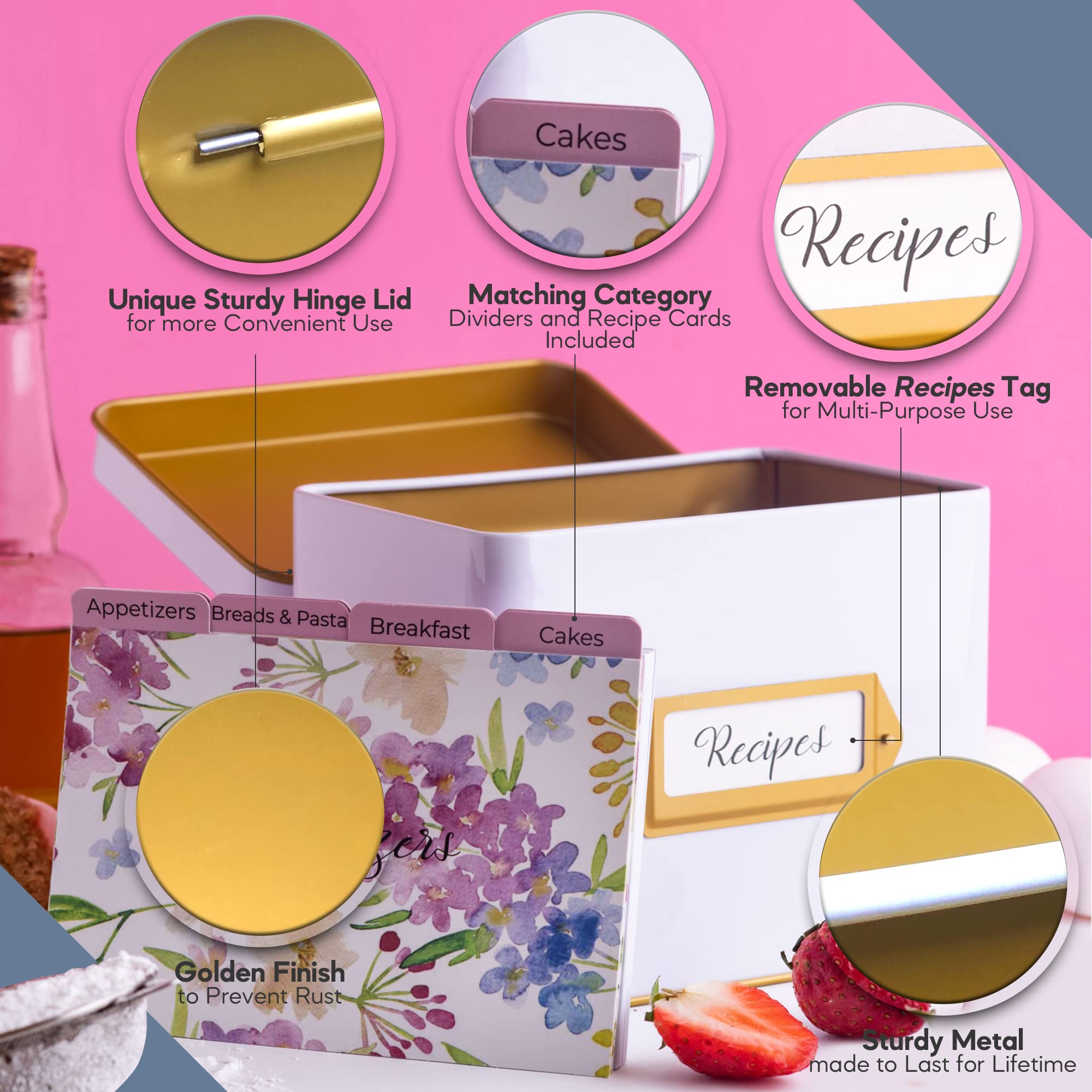 Heart & Berry White Recipe Box With 24 4X6 Recipe Cards And 12 Dividers - Recipe Cards And Box Set - Recipe Tin For 4 X 6 Inches