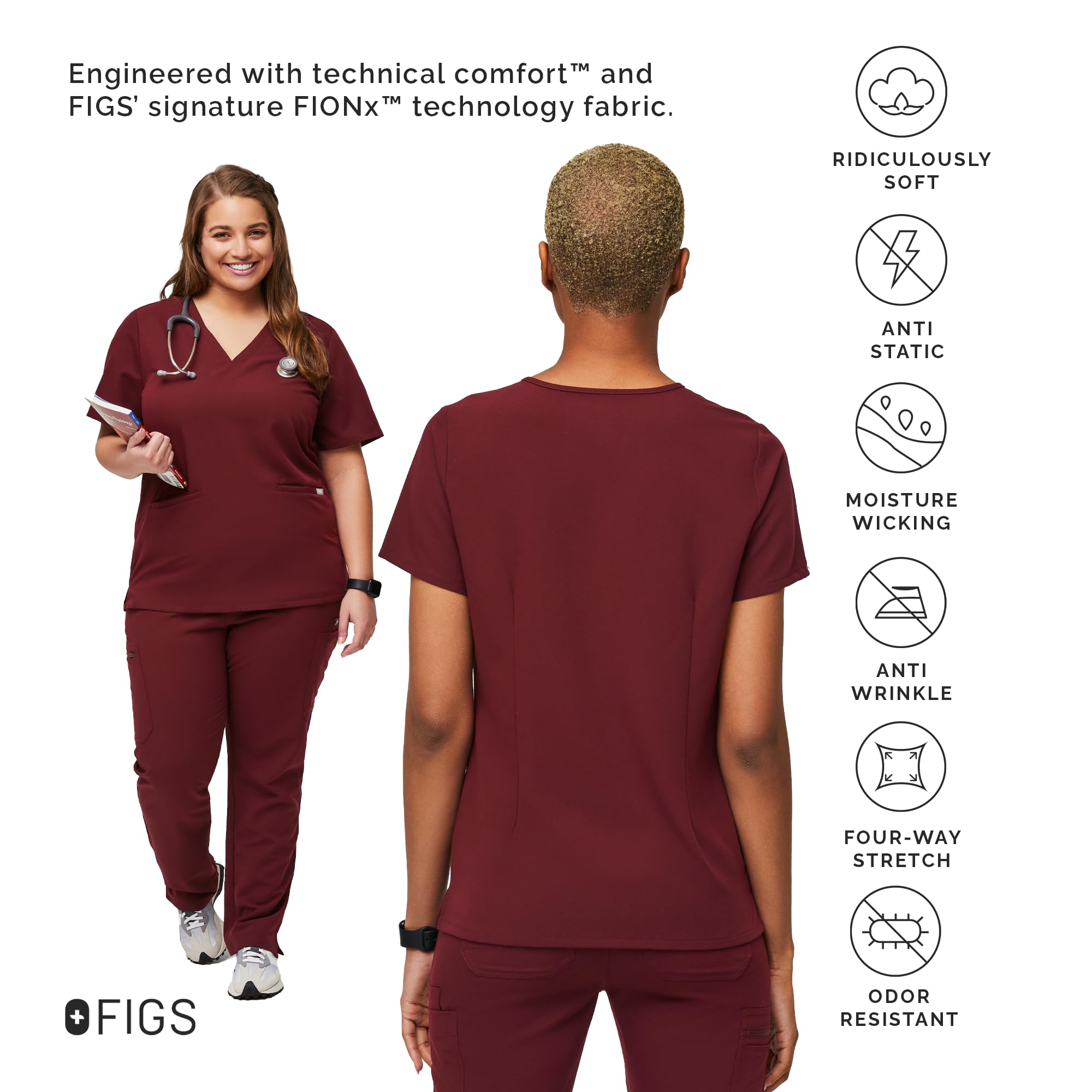 Figs Casma Three-Pocket Scrub Top For Women - Burgundy, Xxs