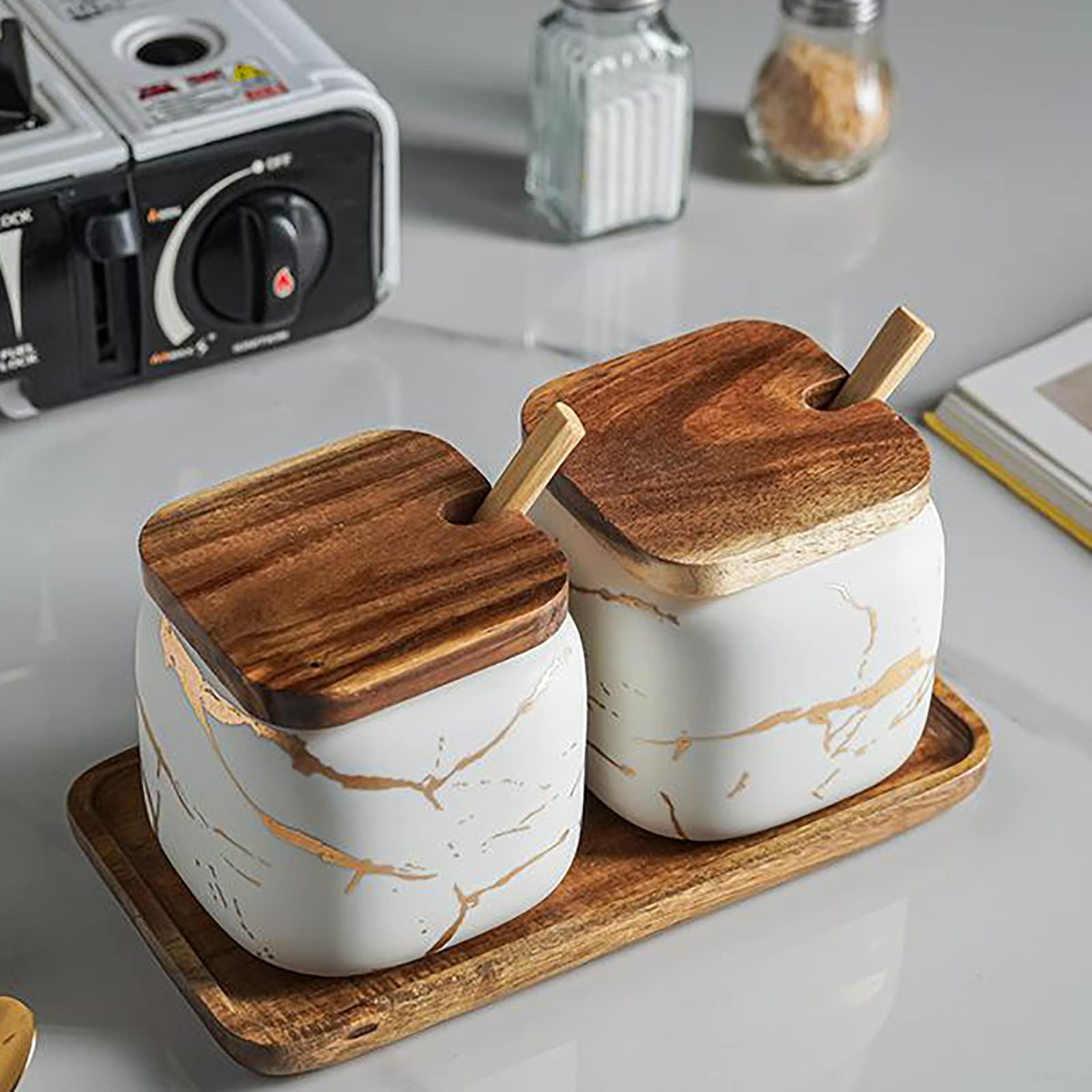Eimquvw Sets Of 2 Marble Ceramic Seasoning Jars Ceramic Sugar Salt Bowl Condiment Pots With Wooden Lids,Wooden Spoon And Wooden