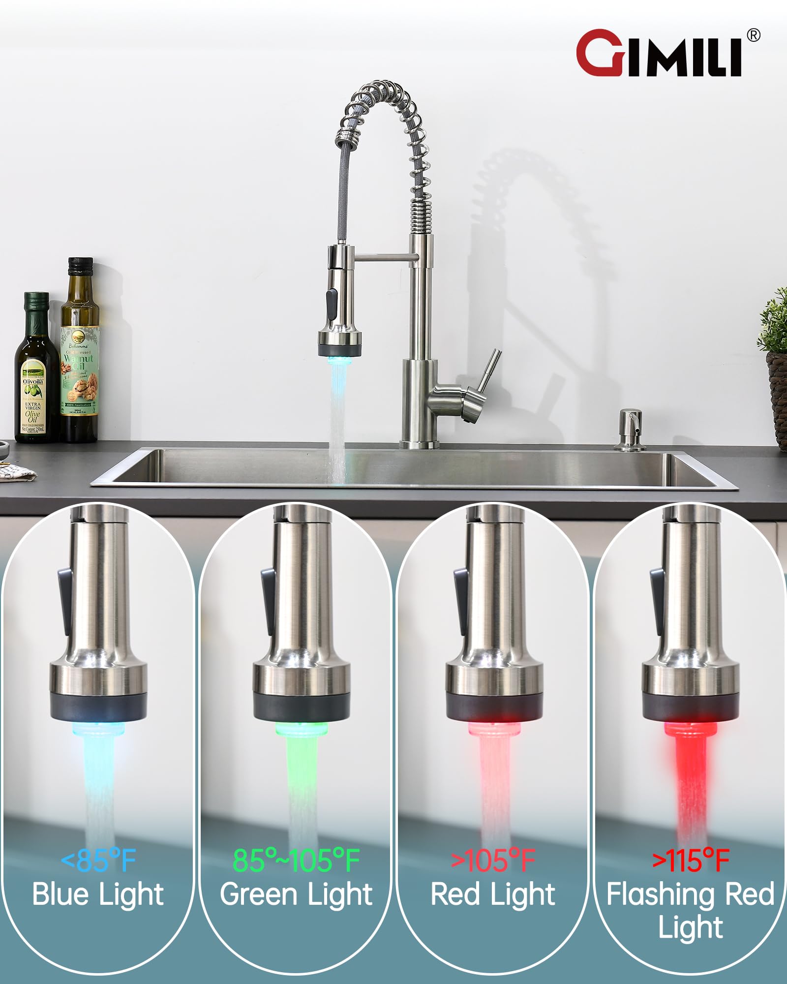 GIMILI LED Kitchen Faucet with Soap Dispenser  Modern Single Handle Spring Kitchen Sink Faucets with Pull Down Sprayer