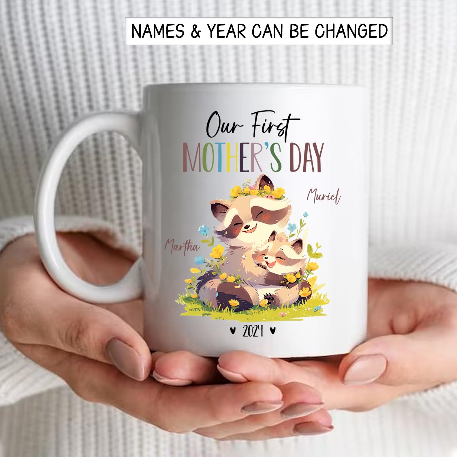 Raccoon Mom And Baby Coffee Mugs, Our First Mothers Day Cup For Mummy, Personalized Mommy & Baby Raccoon Mug, Custom Raccoon Lov
