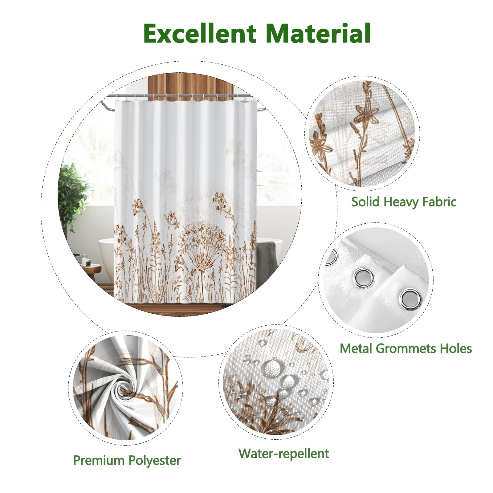 Yeele Long Botanical Shower Curtain, Brown Floral Shower Curtain For Bathroom Waterproof Fabric Bathroom Shower Curtain Set With