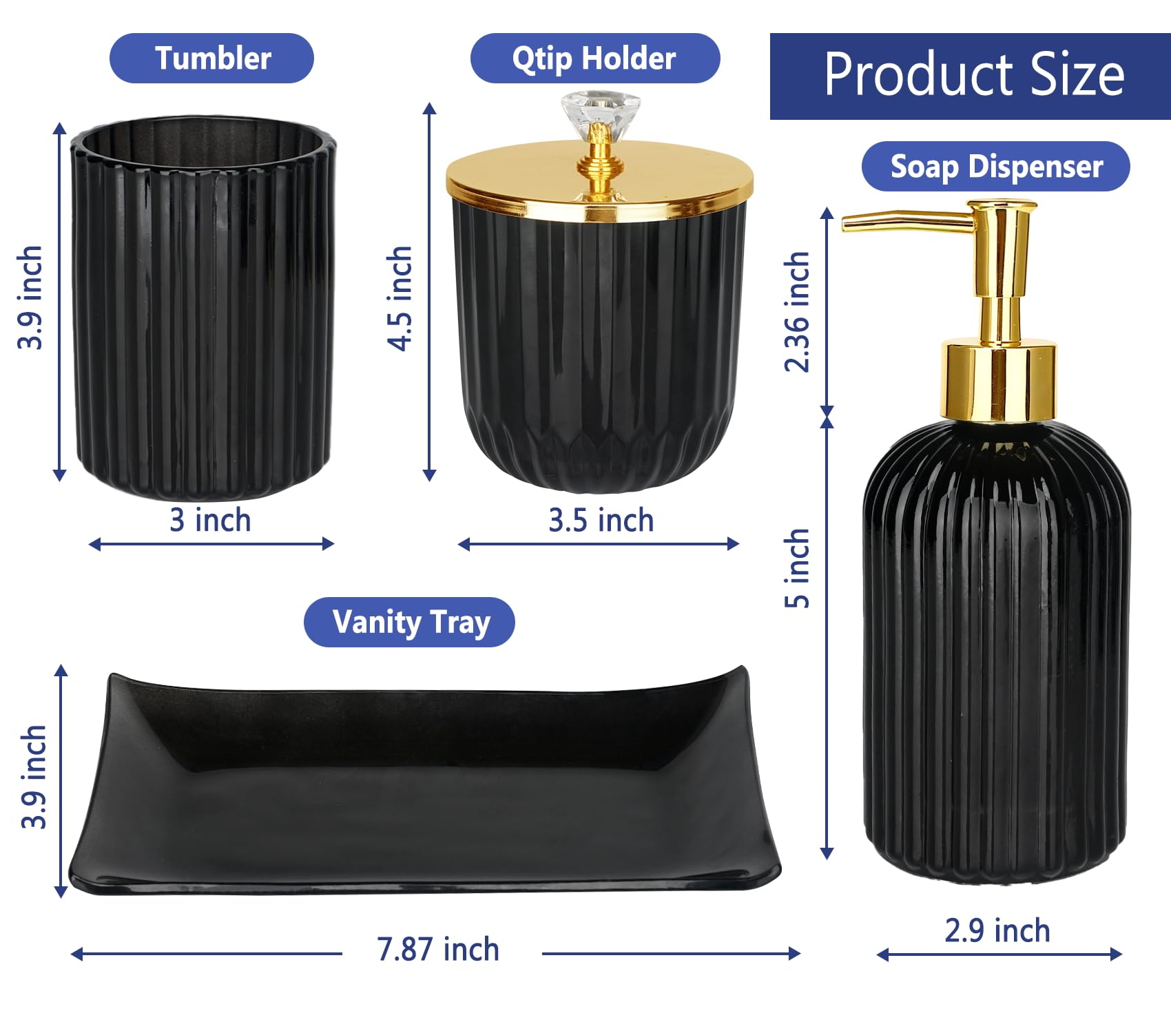 Haturi Bathroom Accessories Set, 4Pcs Black Glass Bathroom Accessories Sets Complete W/Lotion Soap Dispenser, Toothbrush Holder,