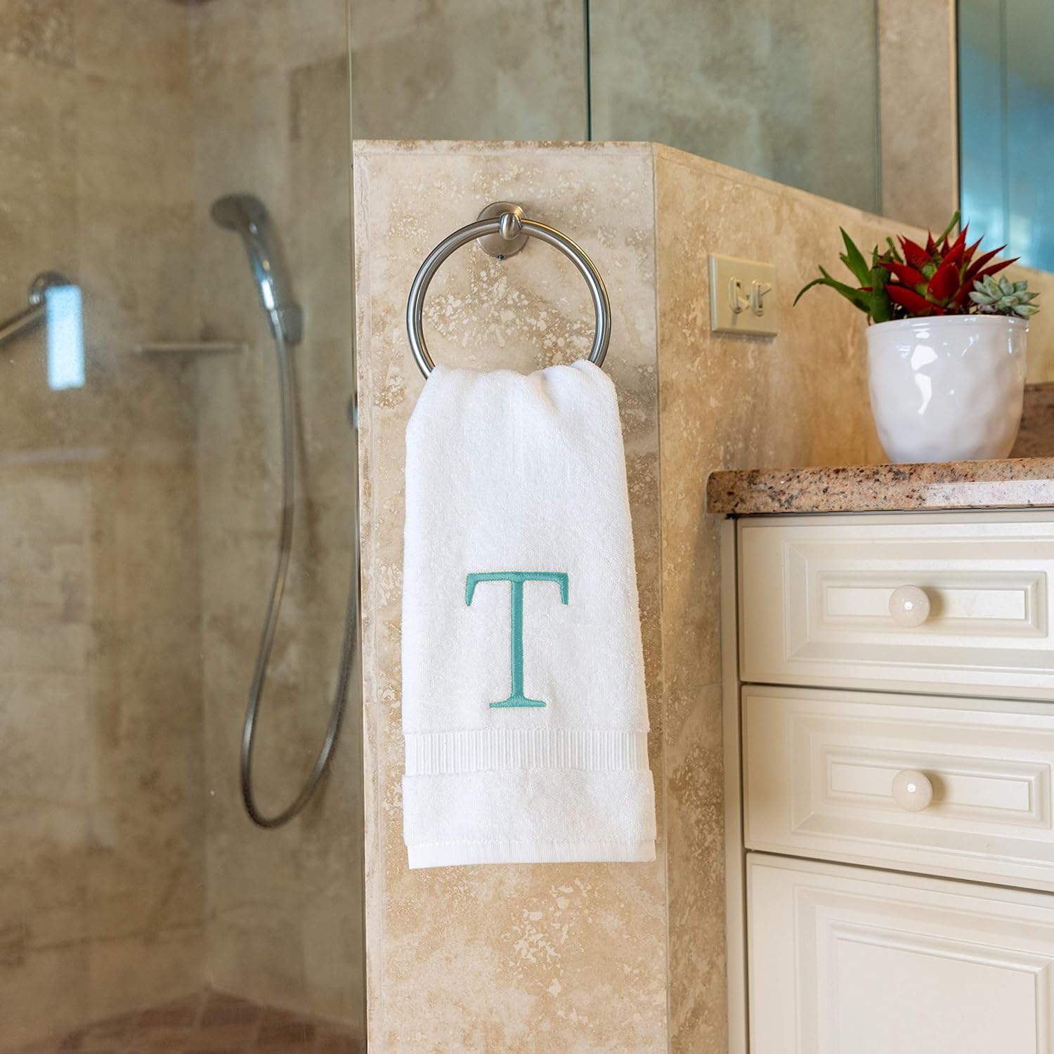 Teal And White Bathroom Hand Towel - Monogrammed Luxury Hotel Quality Decorative Embroidered Towel For Powder Room, Spa - Gots O
