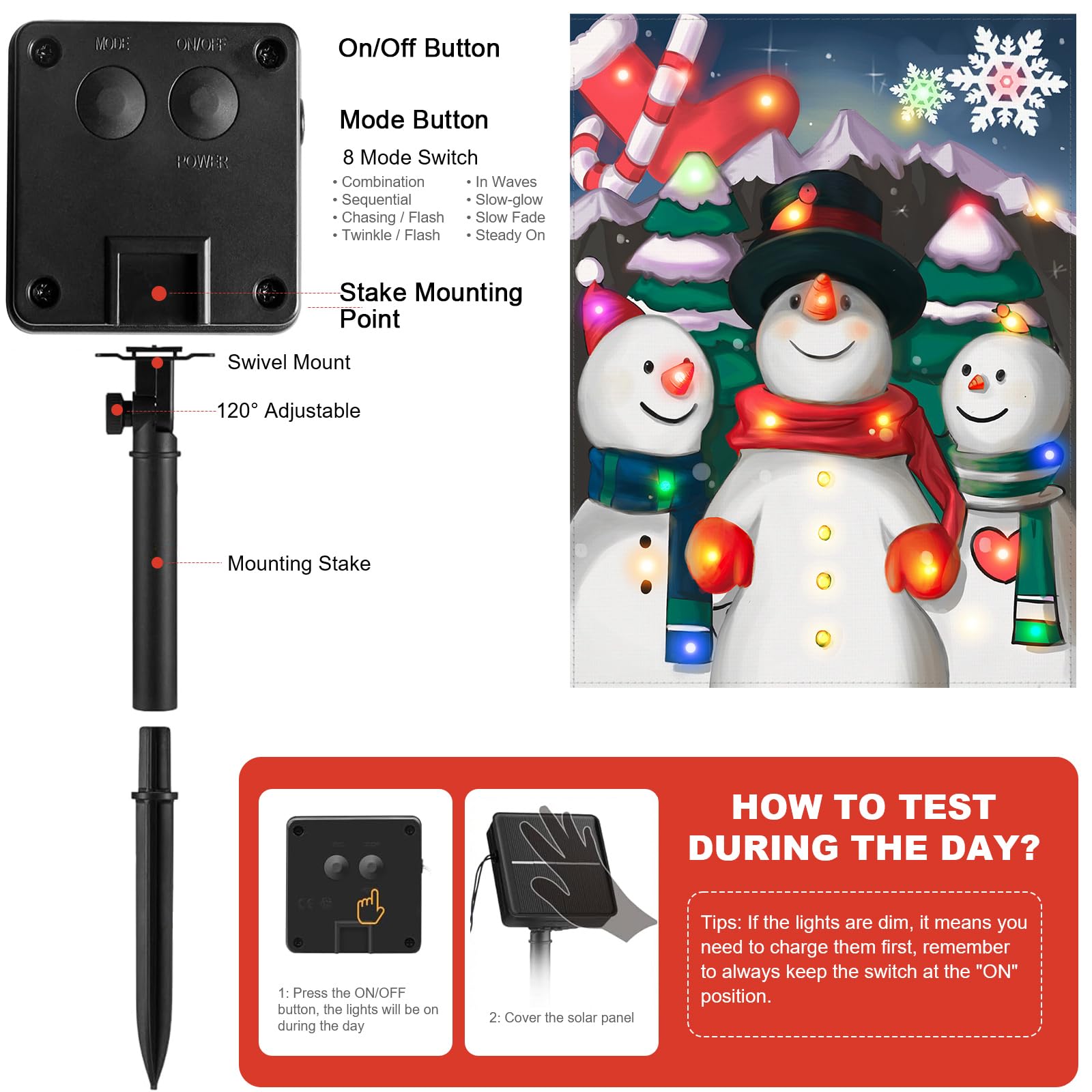 Candieslife Lighted Christmas Garden Flag, Solar LED Snowman Choir, 12x18 Double Sided Winter Decor, 8 Lighting Modes