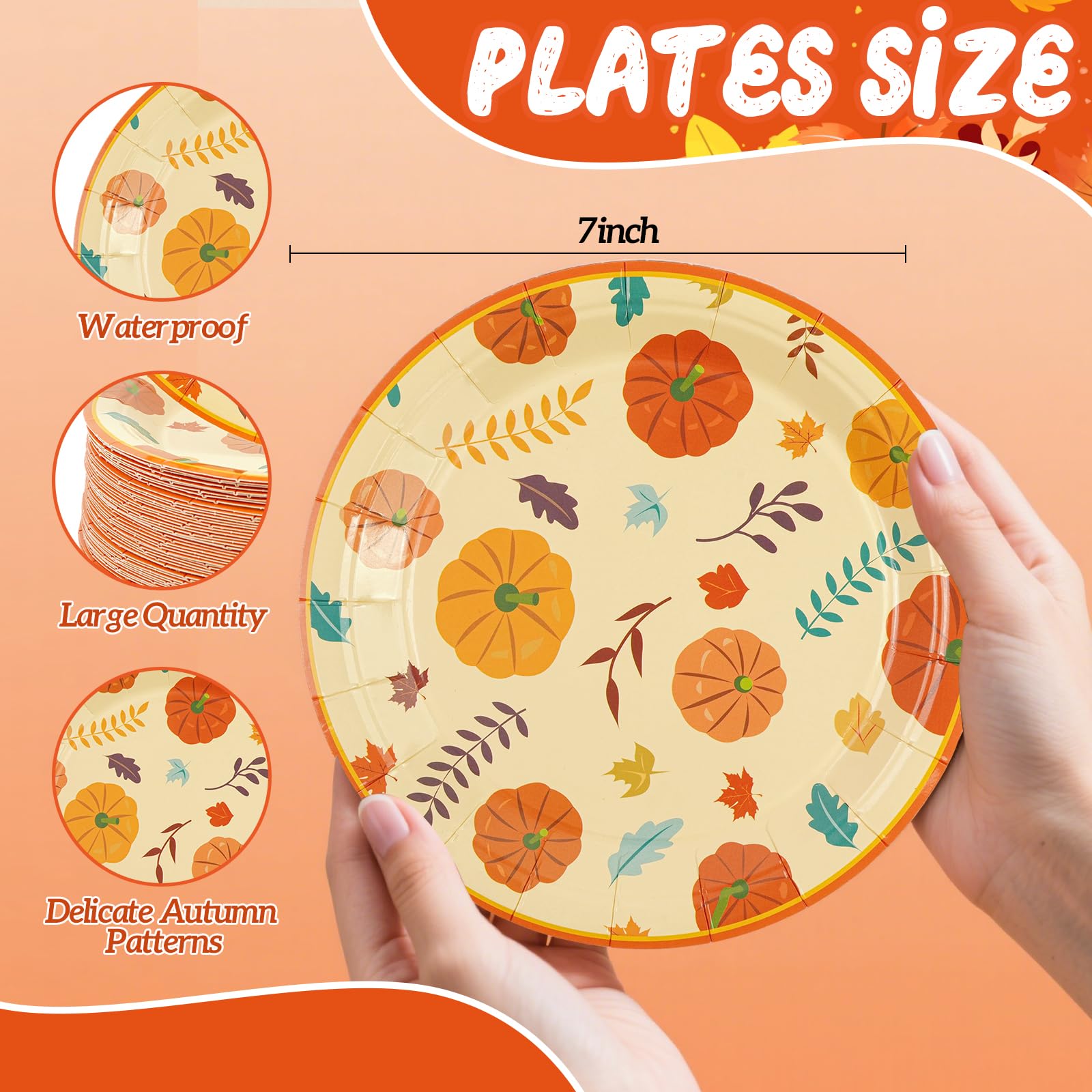 HFBOBP 50 Pack Fall Pumpkin Paper Plates, 7inch Thanksgiving Dessert Plates Autumn Leaves Party Supplies Disposable Tableware Se