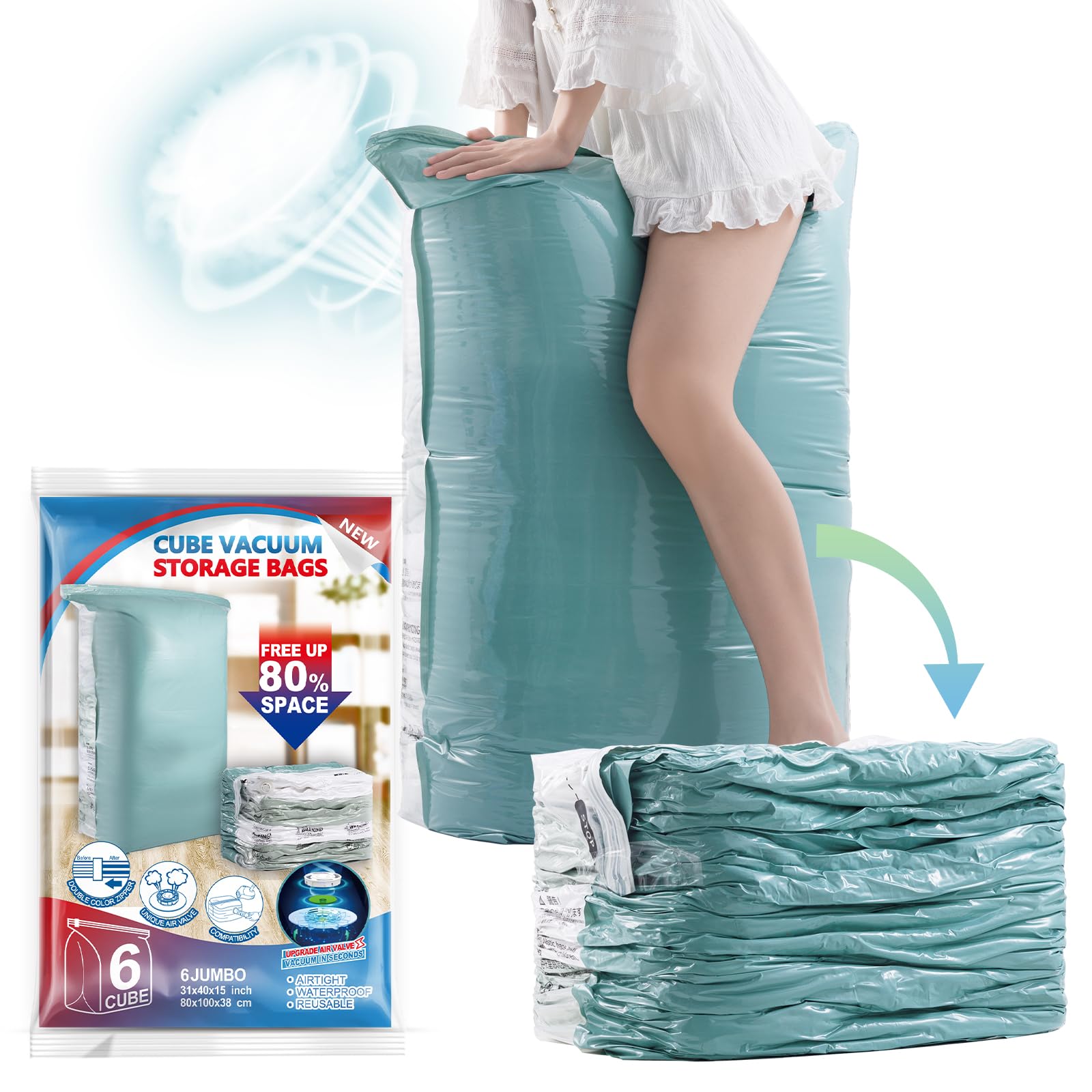 Taili 6 Pack Vacuum Storage Bags, Space Bags Jumbo Cube 31X40X15 Inch, Forest Green Large Vacuum Sealed Bags For Comforters Blan