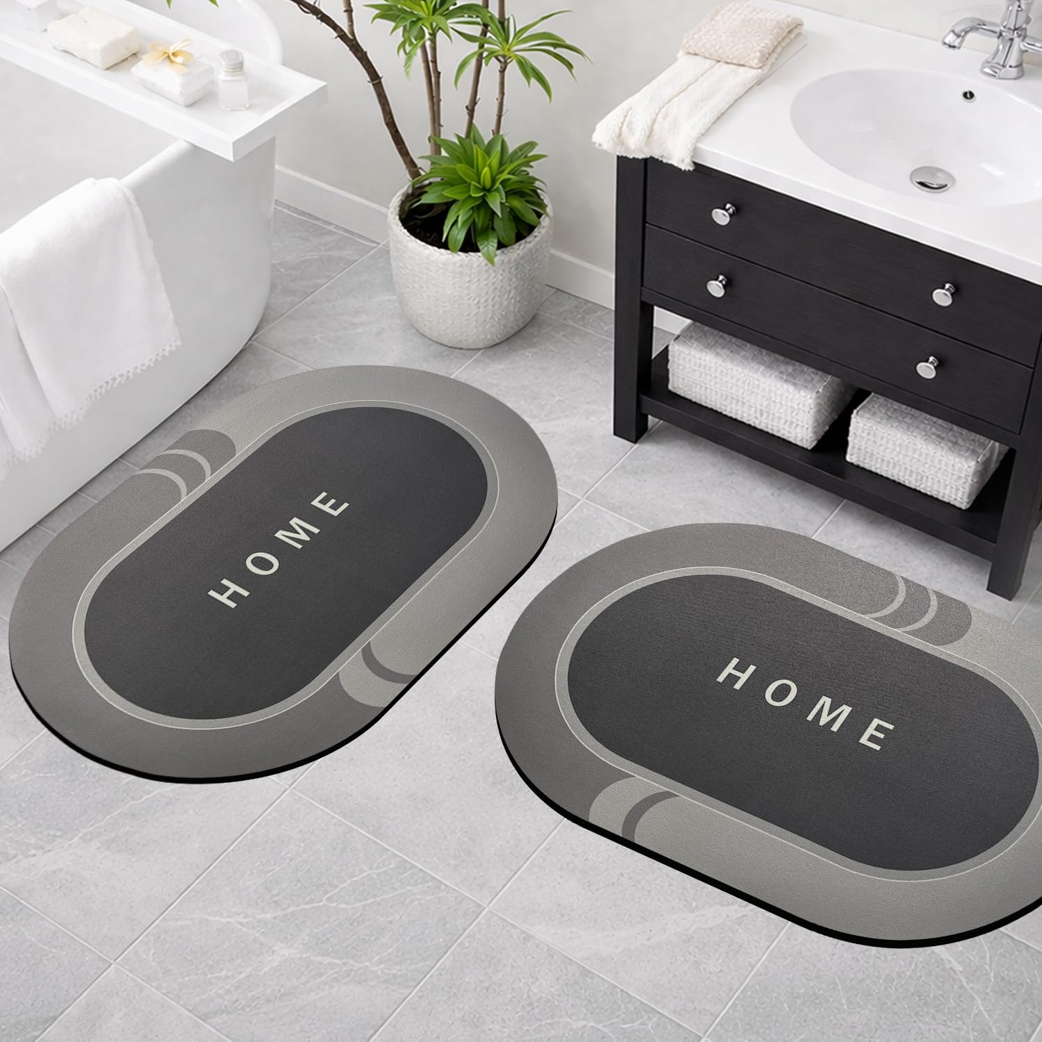 Canway Rubber 2 Pieces (3.5Mm) Anti-Skid Water Soaking Home Print Oval Door Mat, Water Absorbent Mat (40X60Cm) Grey